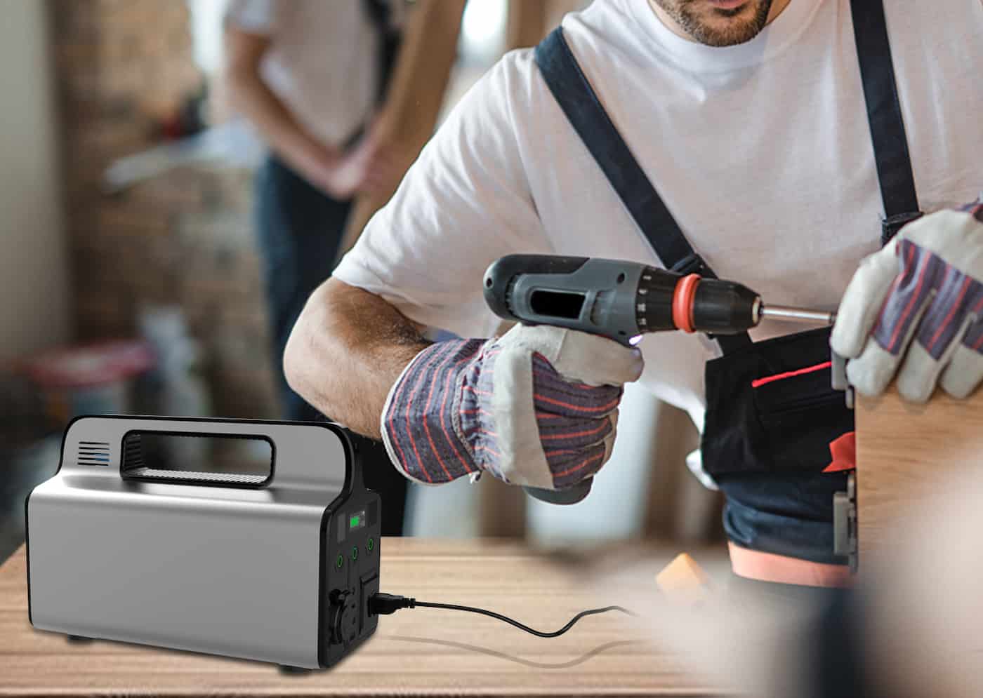 handyman using an electric hammer with a portable outlet