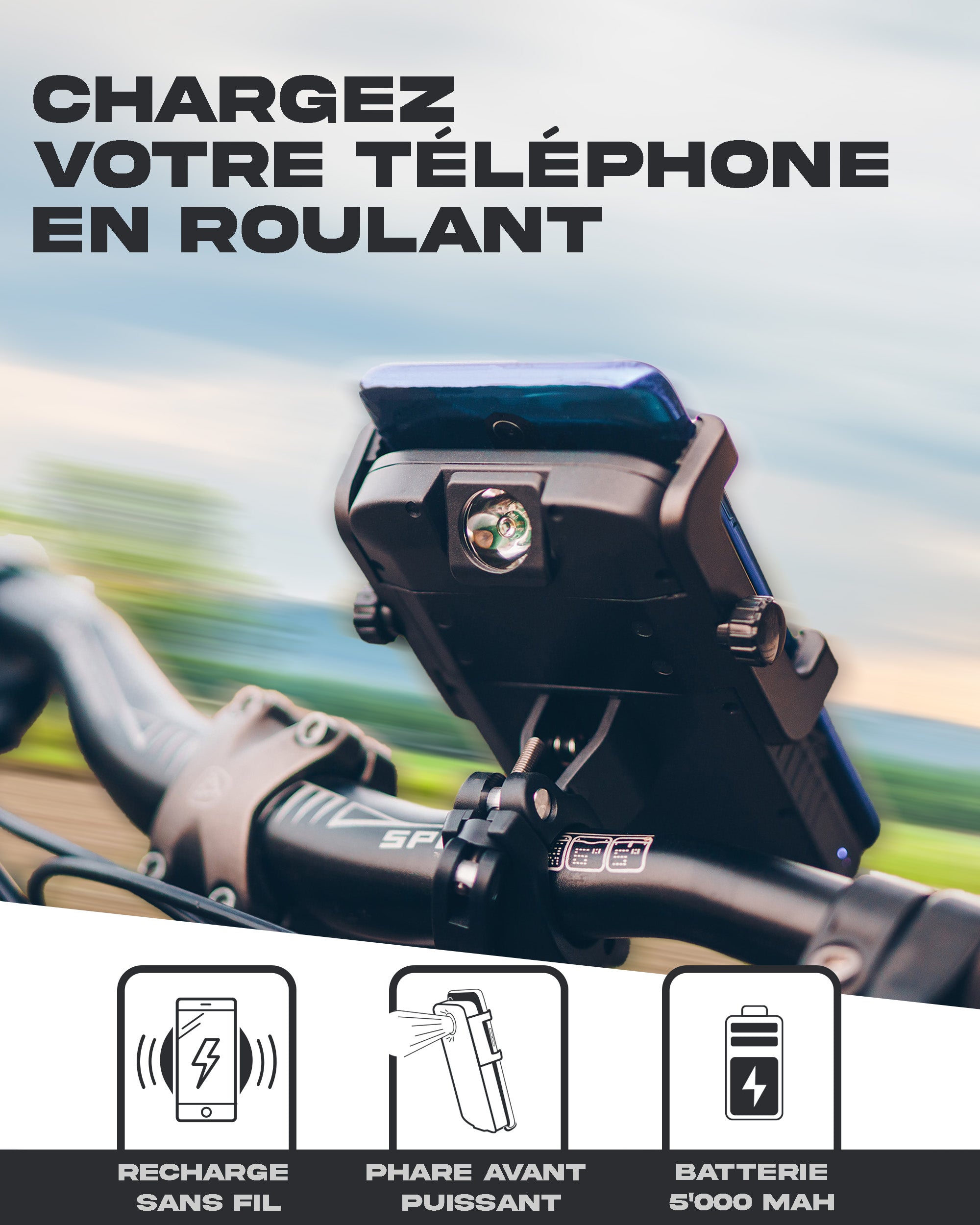 cyclotron avec téléphone monté sur le guidon d'une bicyclette