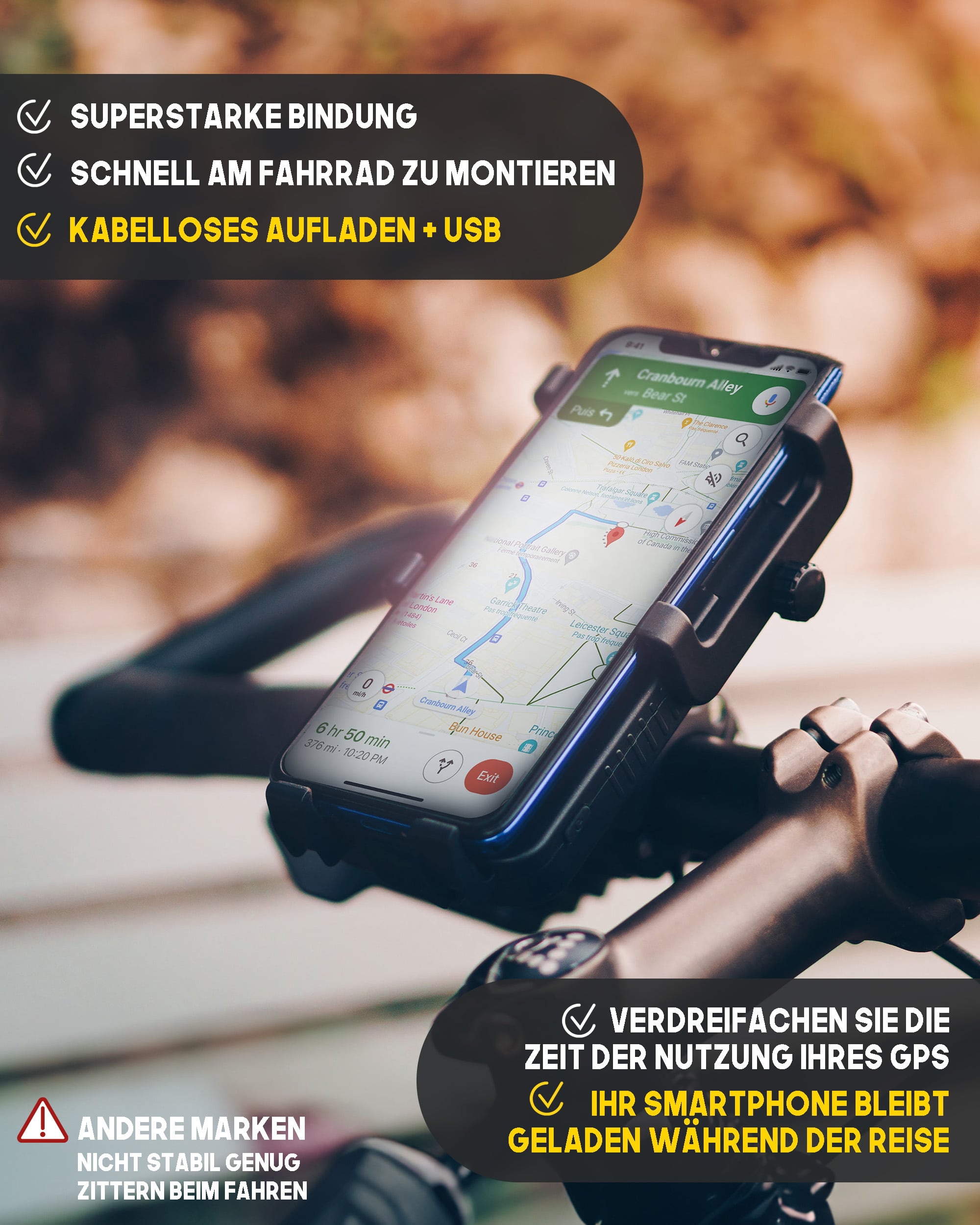 Fahrrad-Handyhalterung mit integriertem Akku: kabelloses Aufladen + USB, superstark