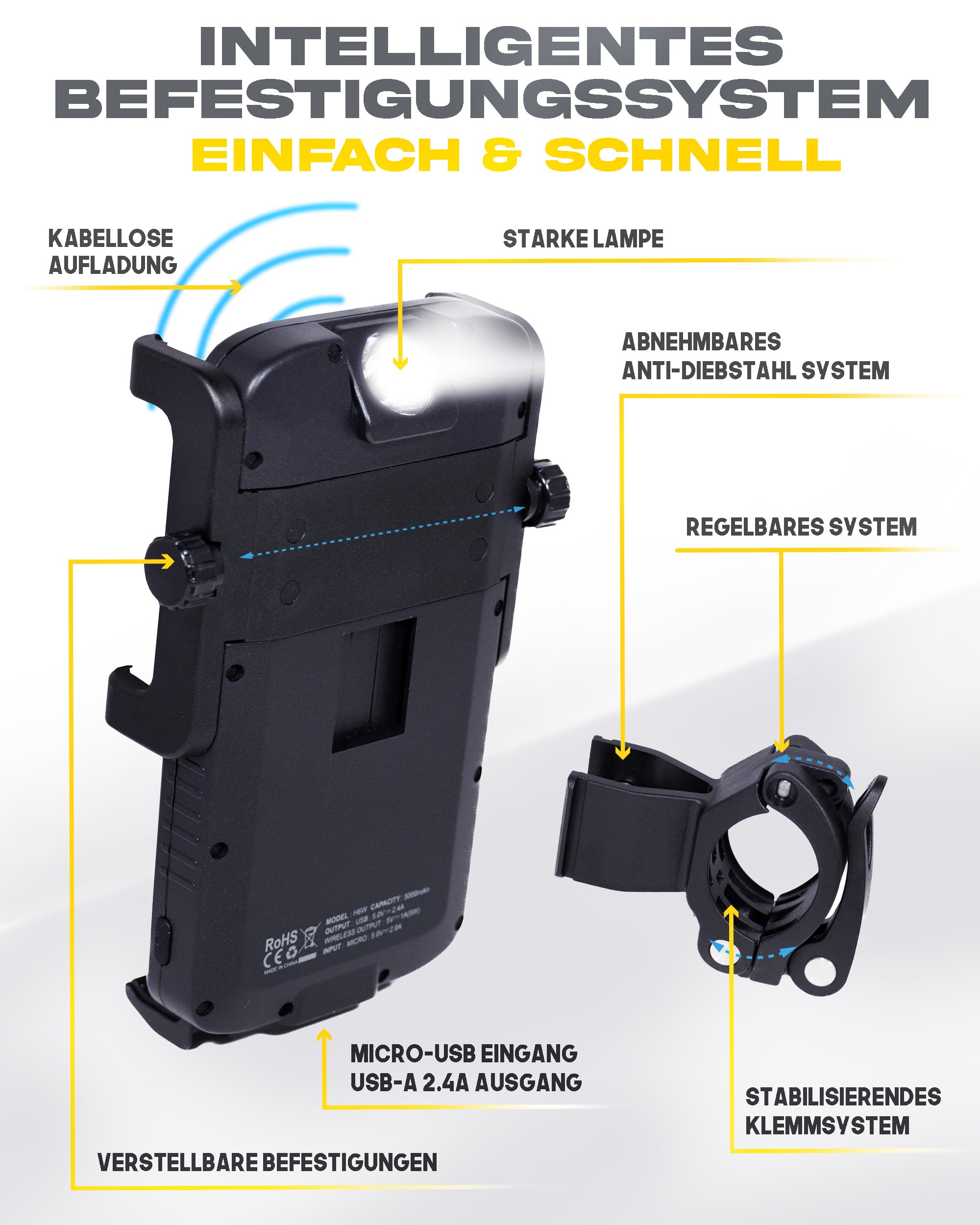 Zyklotron-Telefonhalter für Motorrad mit Nachtbeleuchtung
