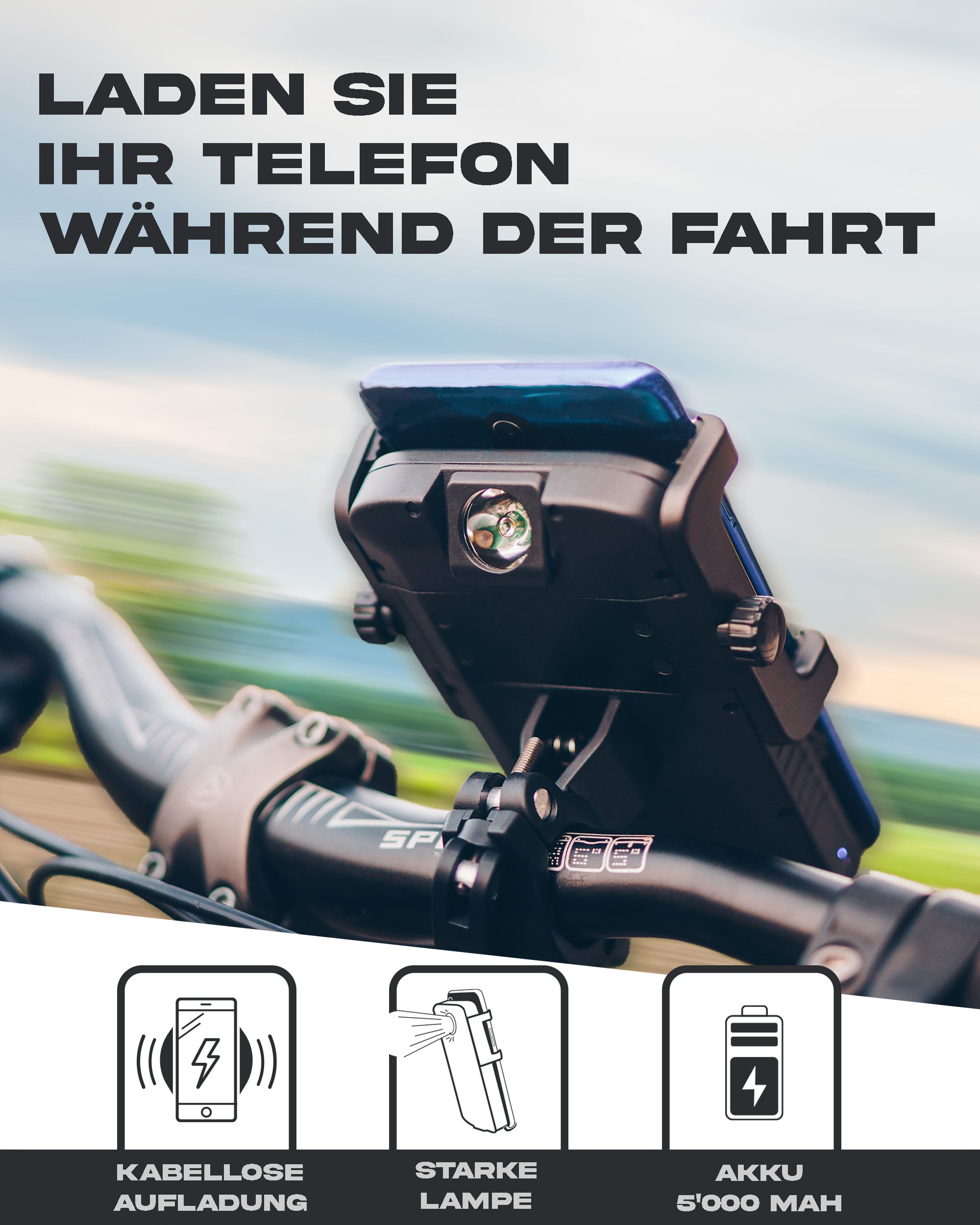 Zyklotron mit Telefon, das auf dem Lenker eines Fahrrads montiert ist