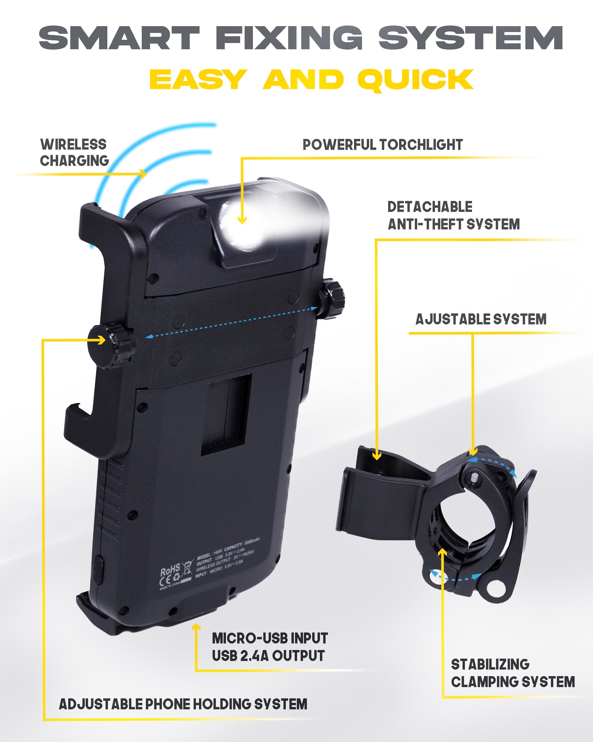 cyclotron phone holder for motorcycle with its lamp lit by night