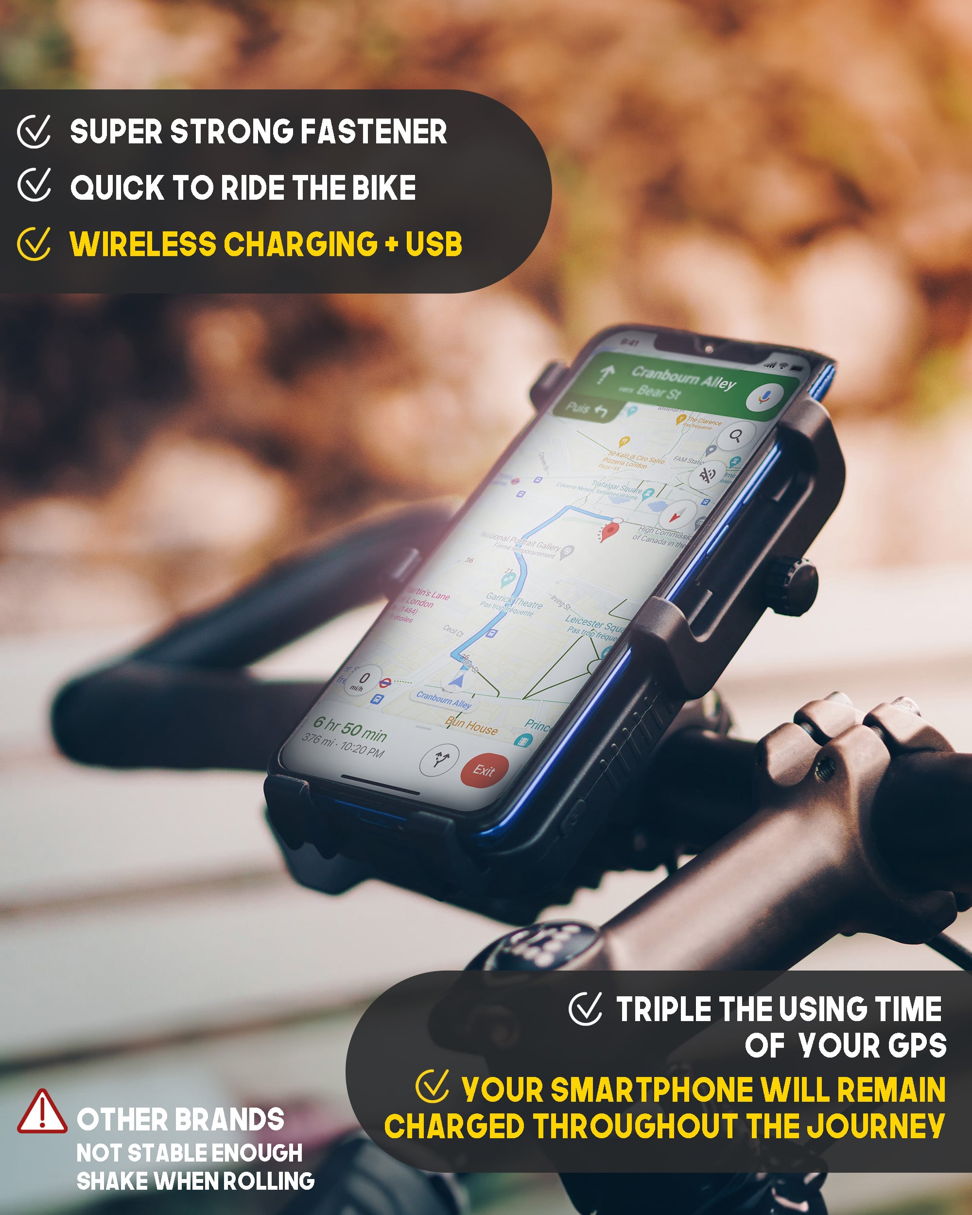 bike cell phone holder with integrated battery : wireless charging+ USB, Super Strong