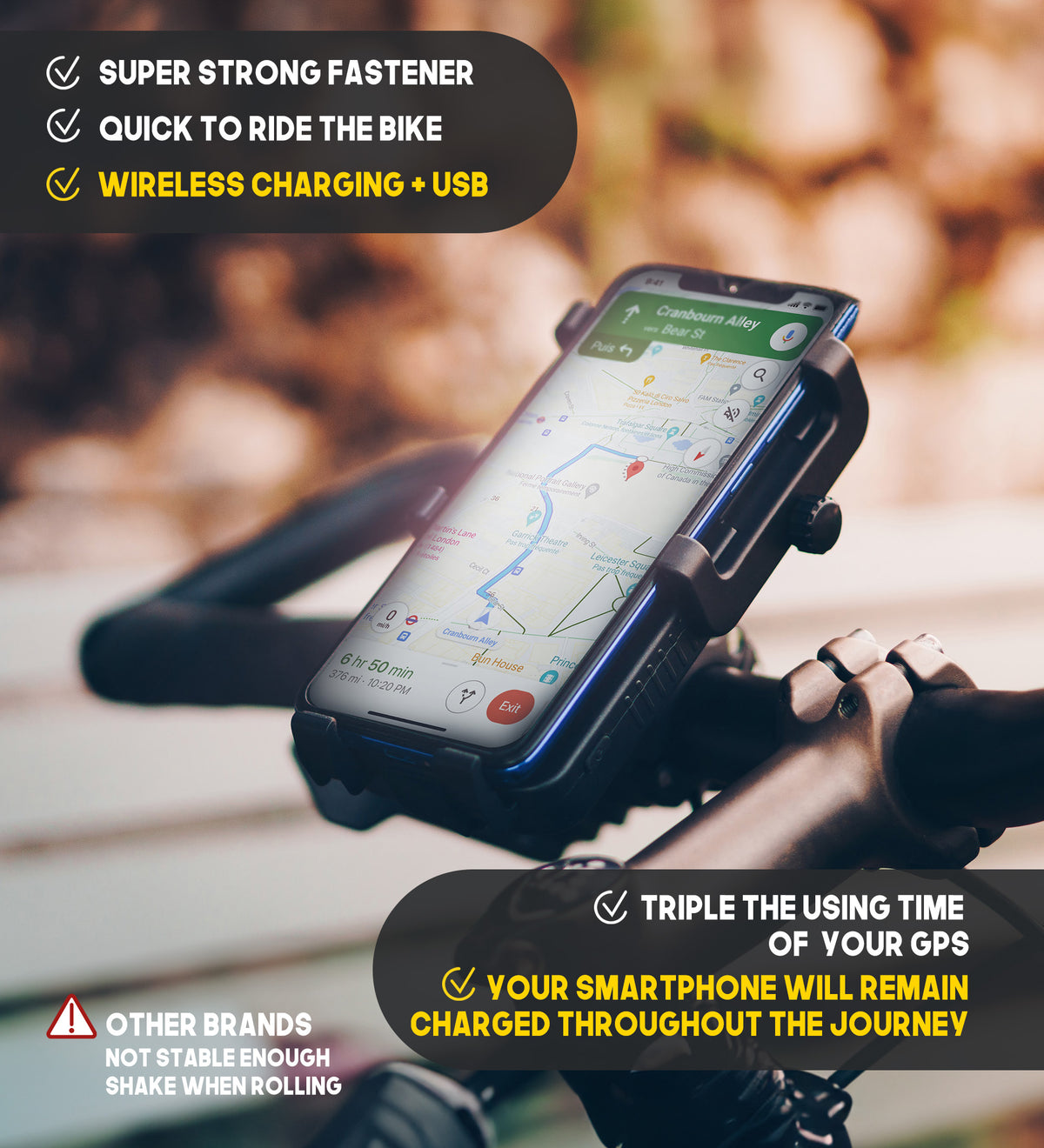 bike cell phone holder with integrated battery : wireless charging+ USB, Super Strong