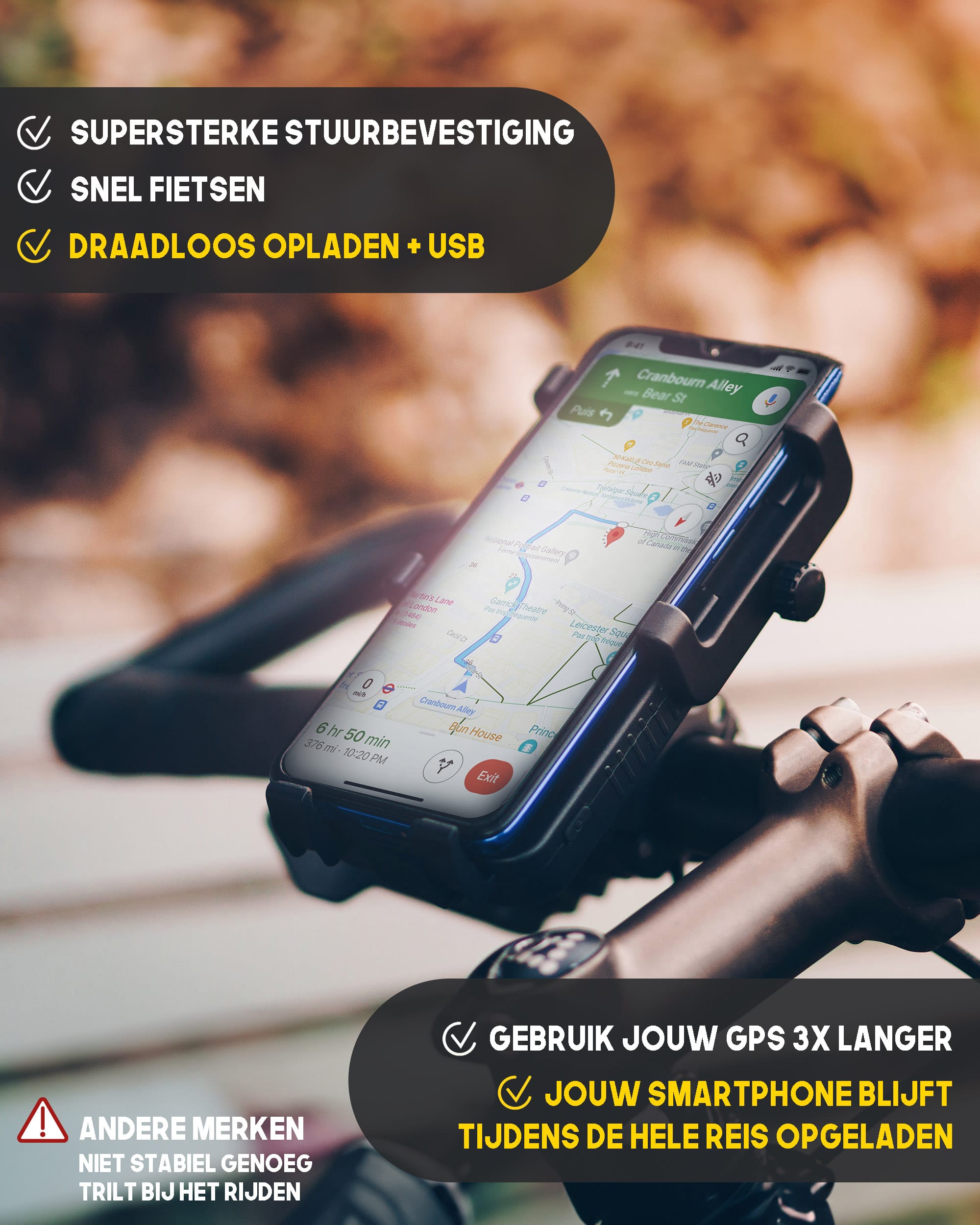 fiets mobiele telefoon houder met geïntegreerde batterij: draadloos opladen + USB, Super sterk