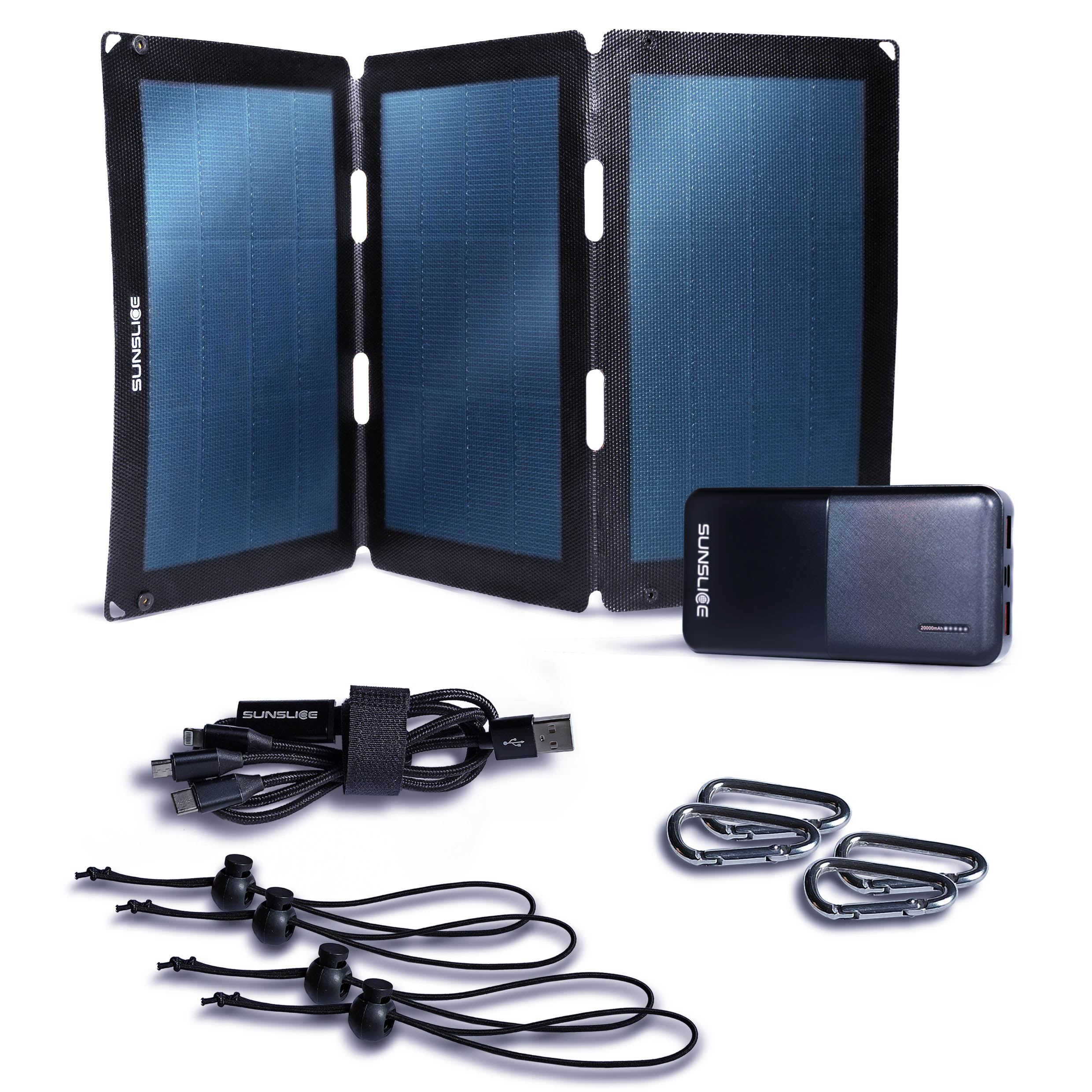 Fusion FLEX 24 Watt - Tragbares Solarpanel - Sunslice auf weißem Hintergrund und einepowerbank