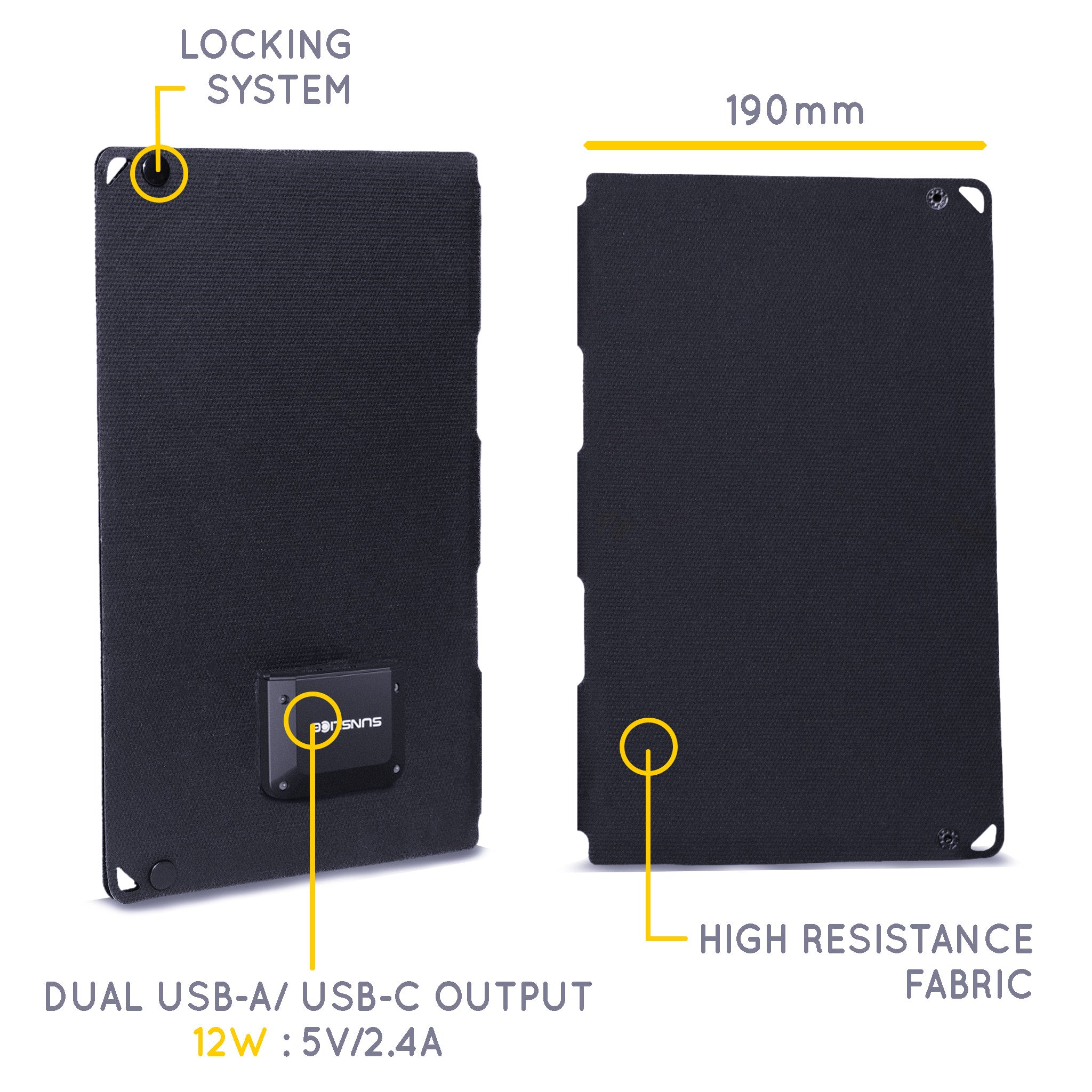 Solar panel close like a book showing the Dual USB ouput 12W