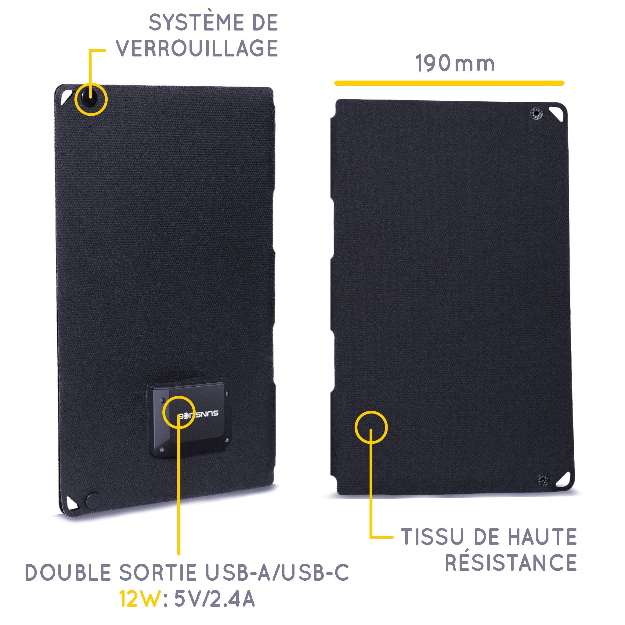 Panneau solaire fermé comme un livre montrant la double sortie USB 12W
