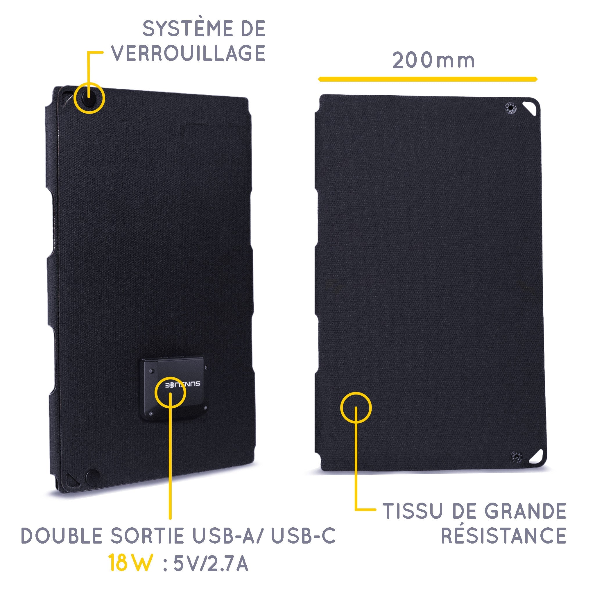 3 panneaux solaires se ferment comme un livre avec un système de verrouillage et la double sortie USB 18W est fixée à l'arrière.