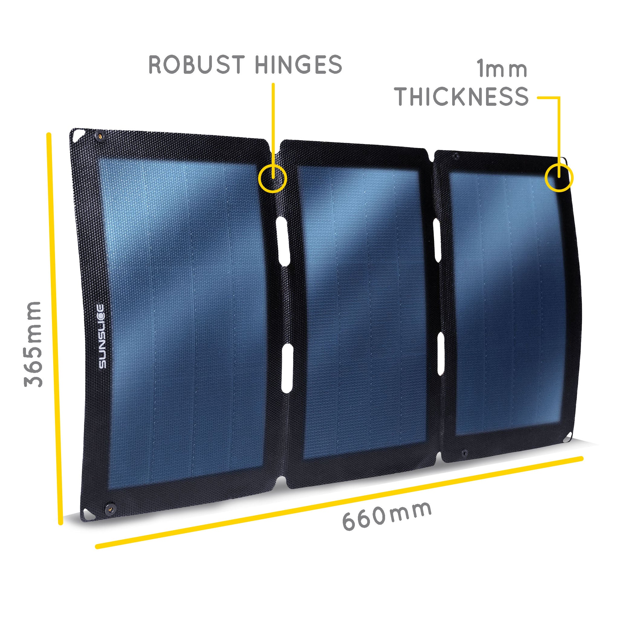 Solar panel  open ( 3 panels) informations . Size: 660 mm, 365 mm, Thickness 1 mm. Robust hinges 
