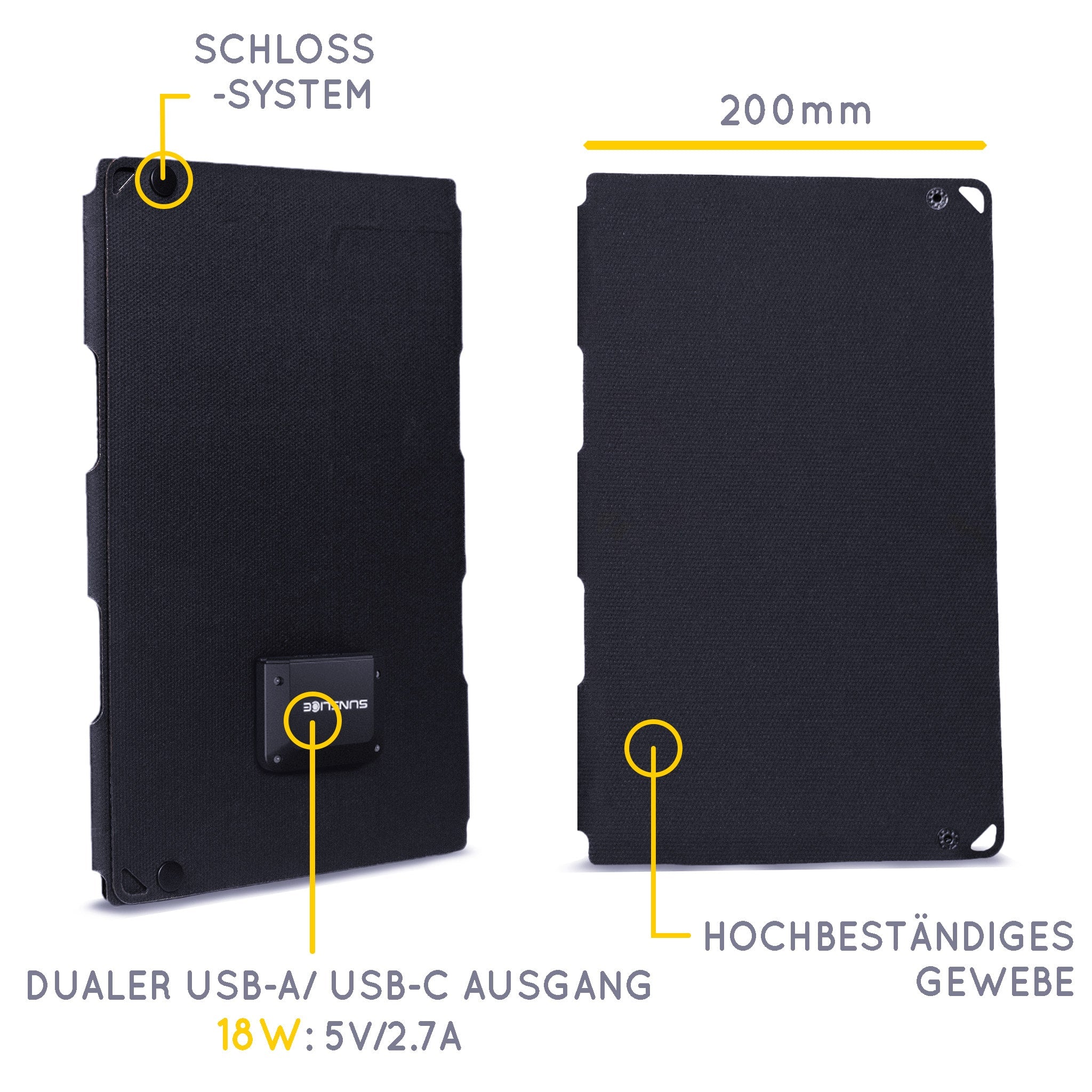 3 Solarmodule, die sich wie ein Buch schließen, mit einem Verschlusssystem und dem Dual-USB-Ausgang (18 W) auf der Rückseite