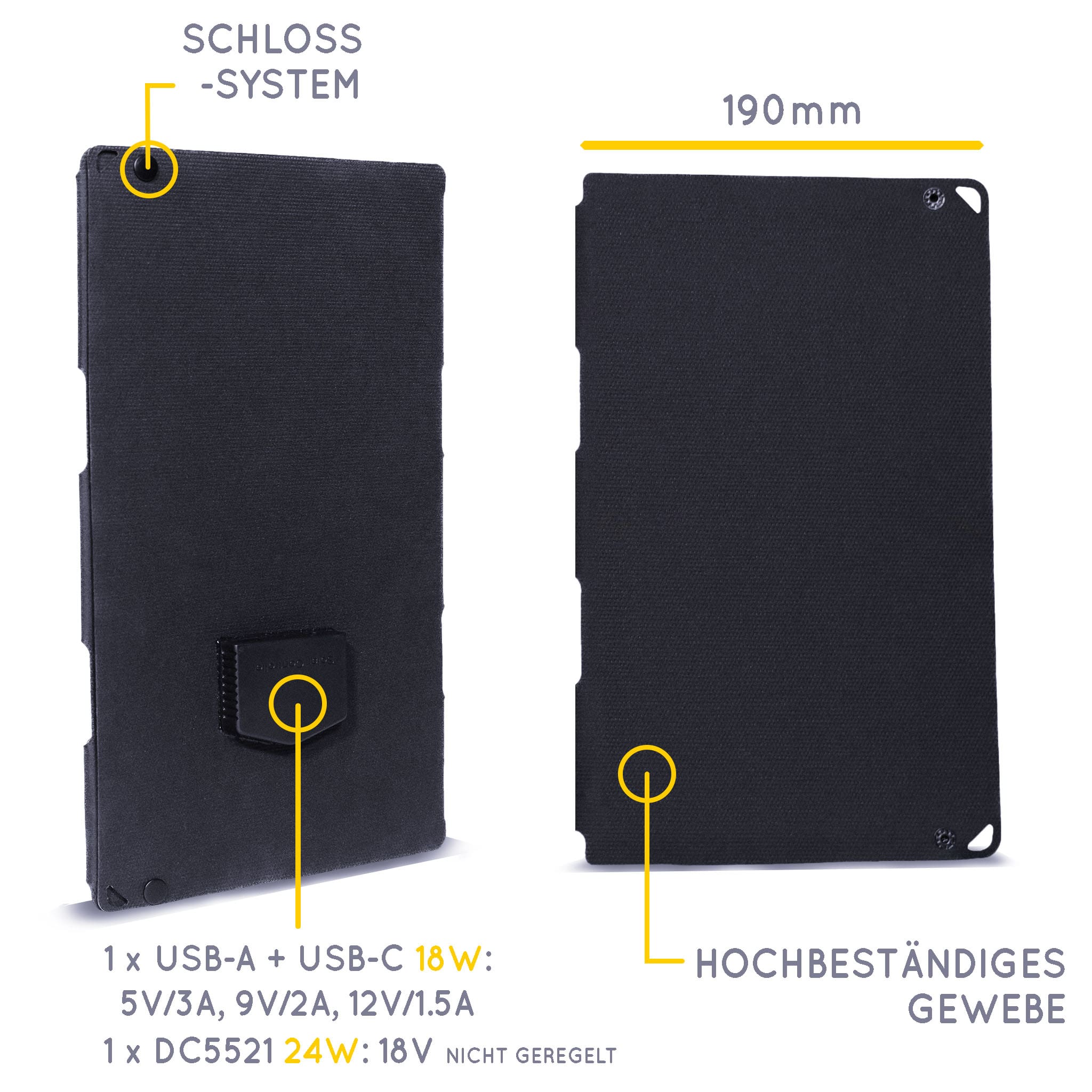 Solarmodul in der Nähe zeigt die Leistung an: 1x USB-A 18W, 1 x USB-C 18W, 1 x DC5521 24W