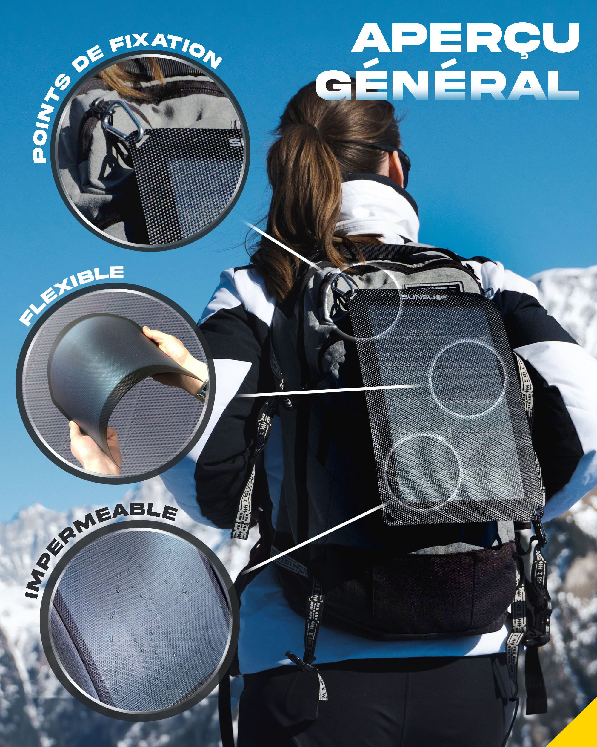 Une fille en montagne avec un panneau solaire sur le dos, le Fusion flex 6 est imperméable, flexible et point d'attache.