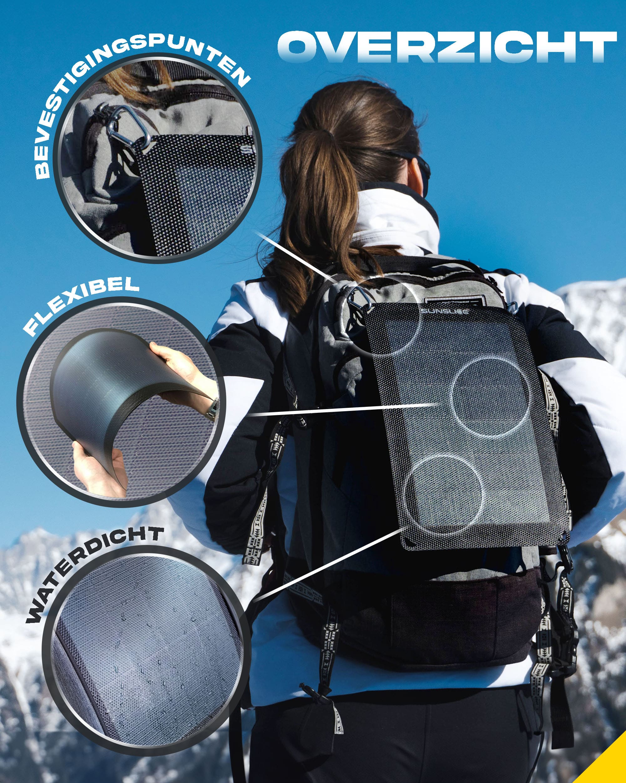 Een meisje in de bergen met een zonnepaneel op haar rug, de Fusion flex 6 is waterdicht, flexible en bevestigingspunt