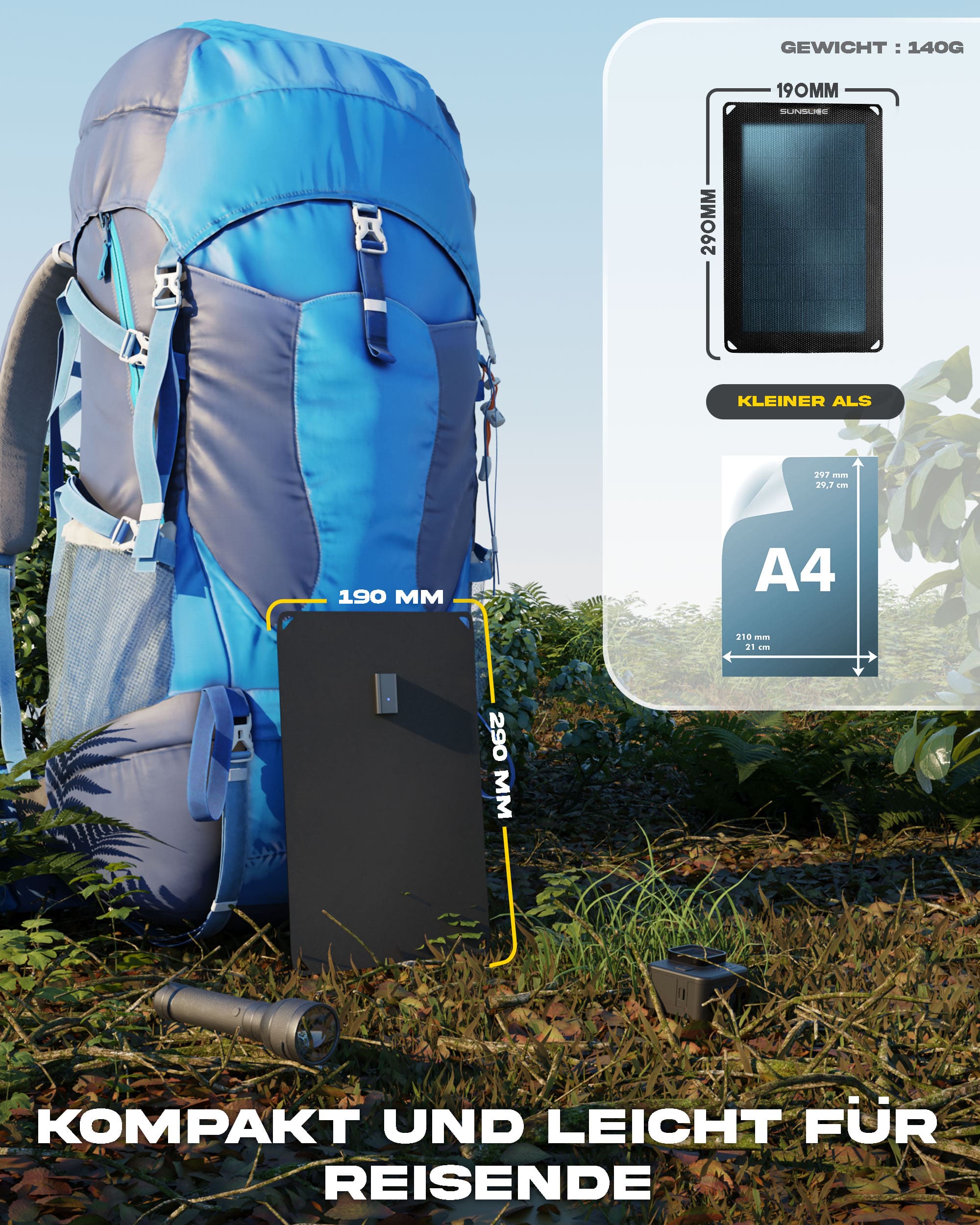 der fusion flex 6 auf einem Rucksack. Größe: Länge = 190 mm Breite = 290 mm Gewicht: 140g