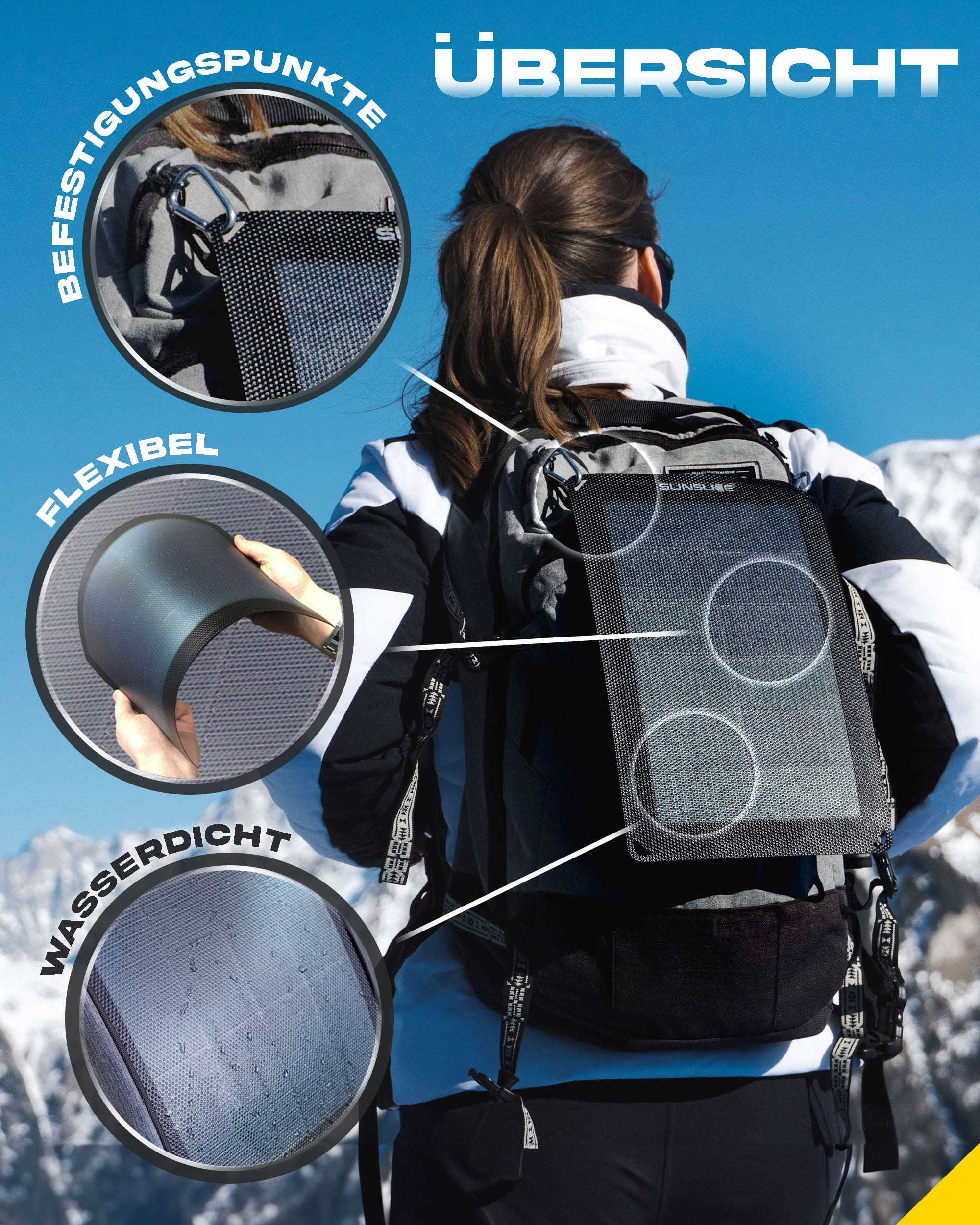 Ein Mädchen in den Bergen mit einem Solarpanel auf dem Rücken, der Fusion flex 6 ist wasserdicht, flexible und Befestigungspunkt