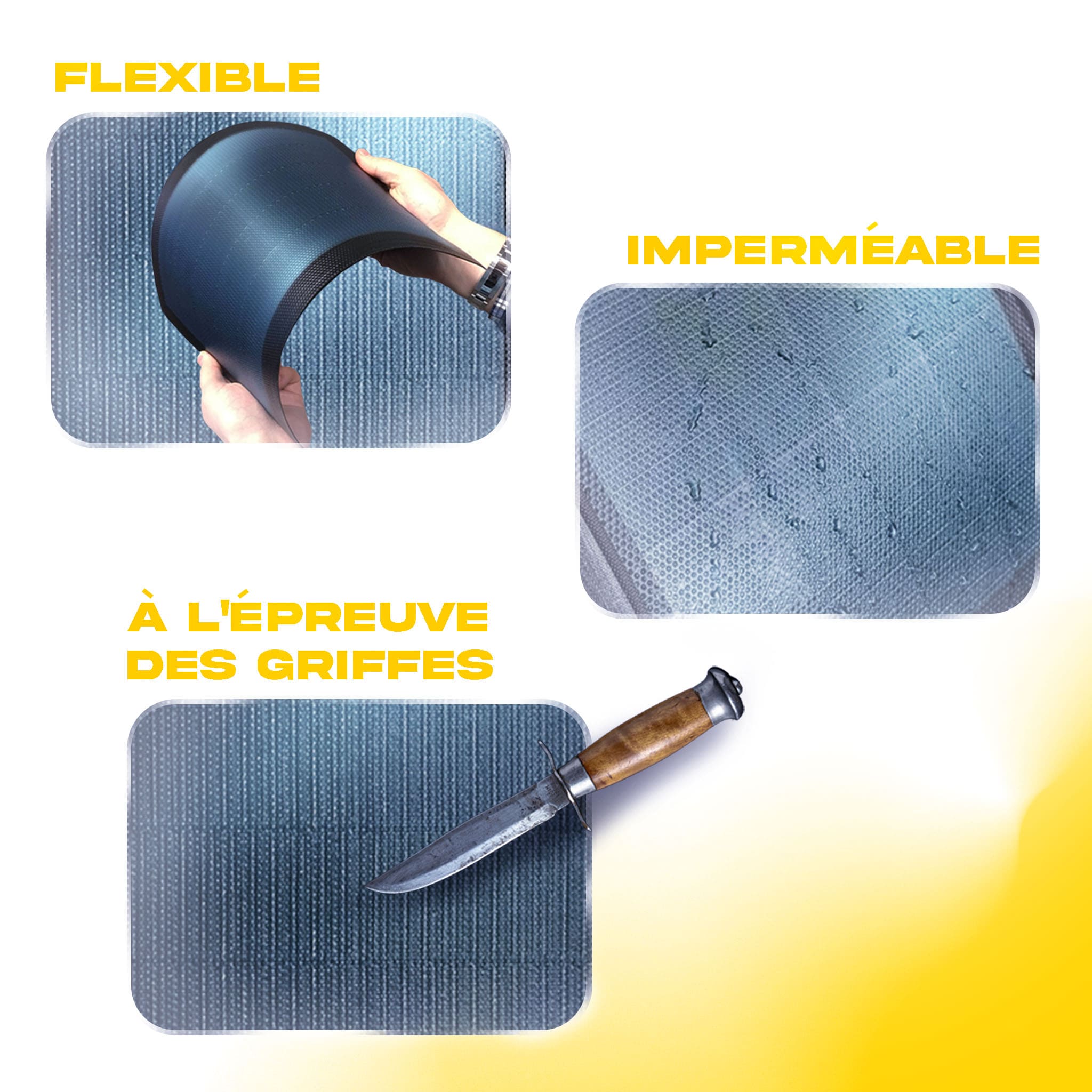 Panneau solaire fusion 6, Flexible, étanche, résistant aux rayures sur fond jaune et blanc.