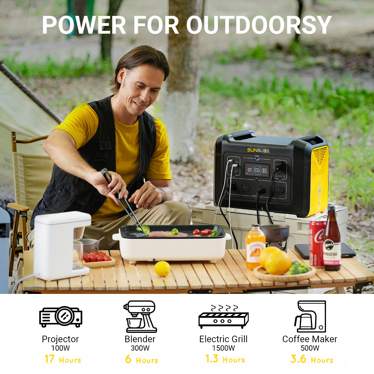 man cooking outdoors with a generator