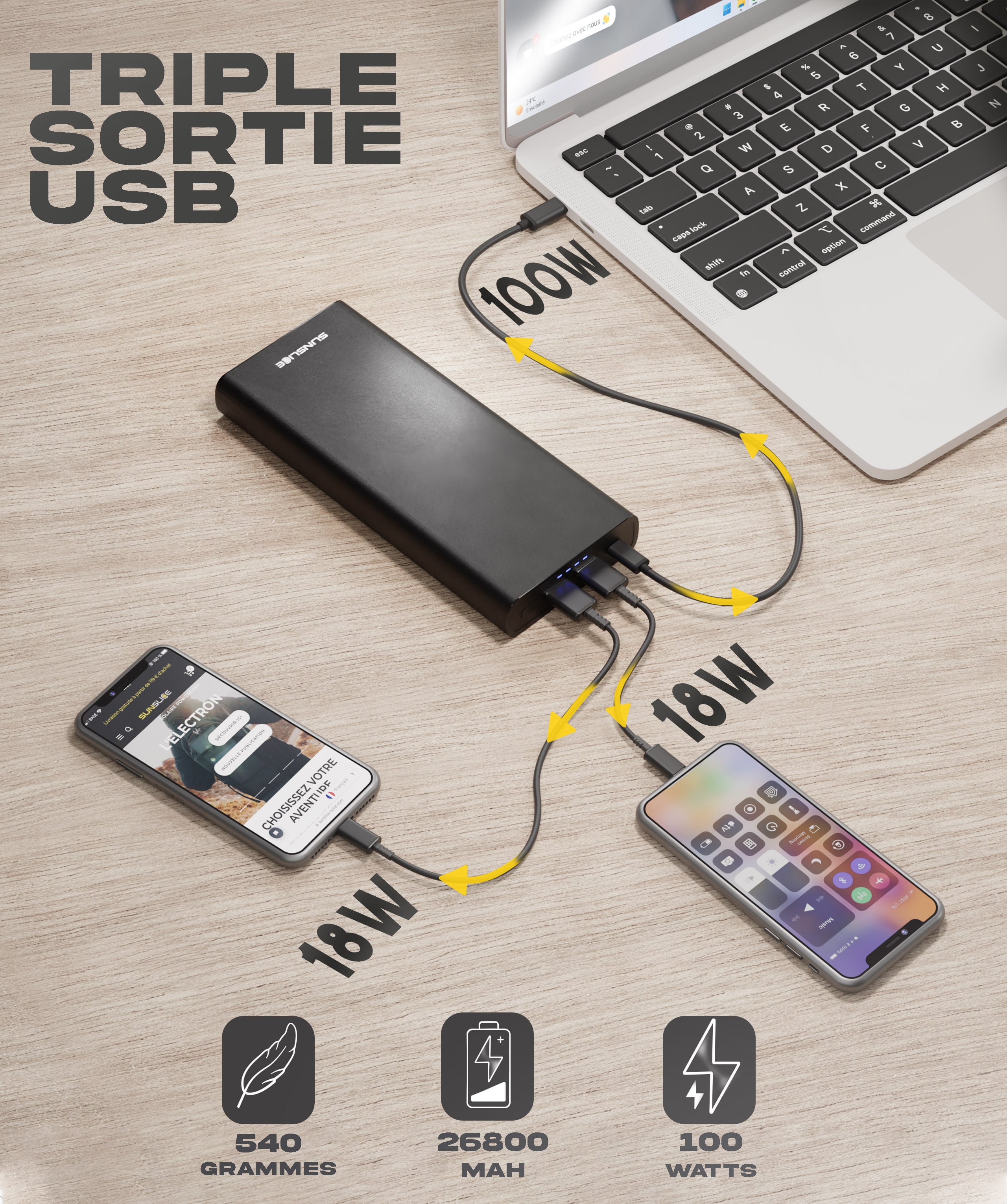 Gravity 100 Watts - Batterie Externe pour Ordinateur Portable - Sunslice