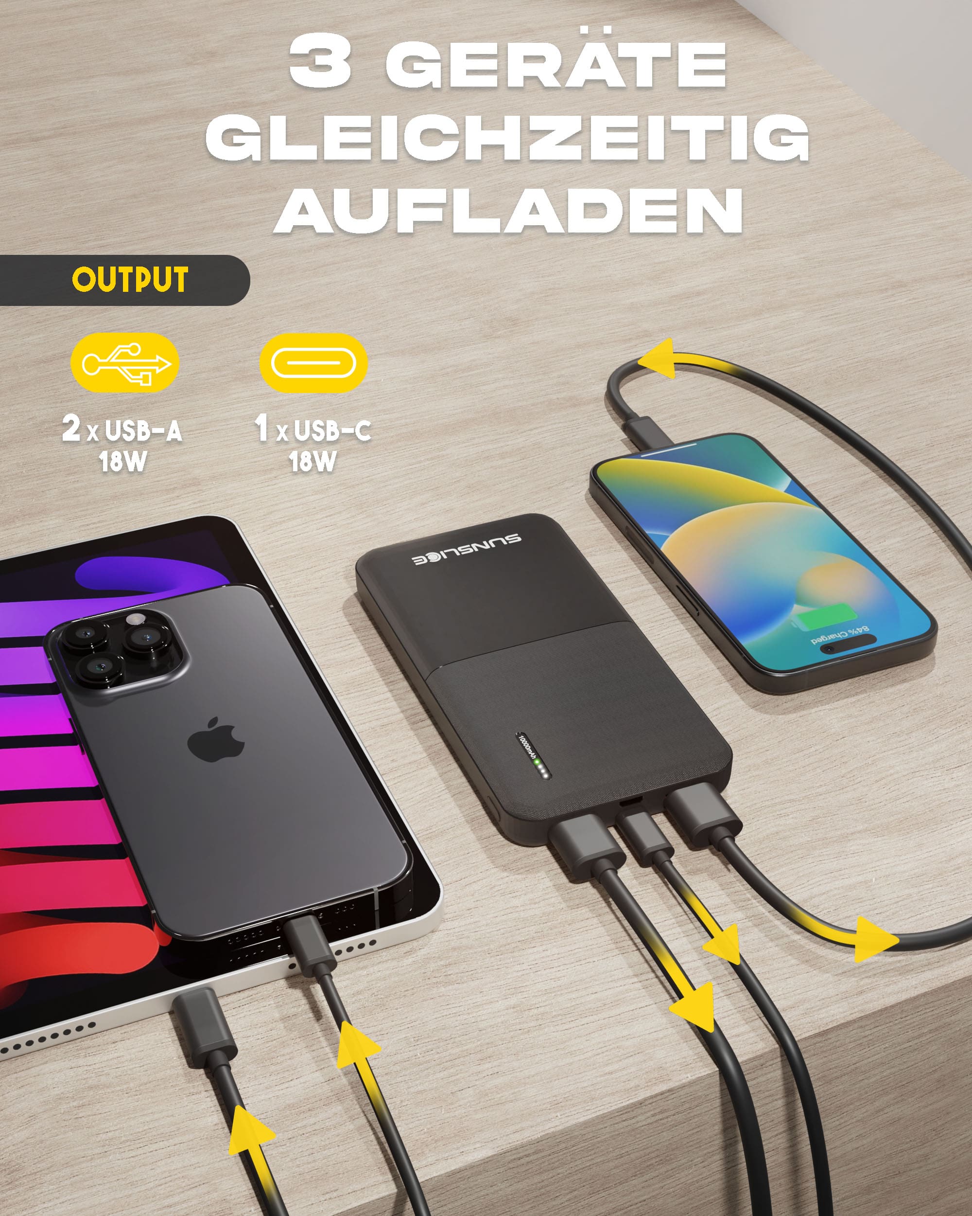 Powerbank, die Geräte gleichzeitig auflädt: Ausgang 2 usb-A, 1 usb-c