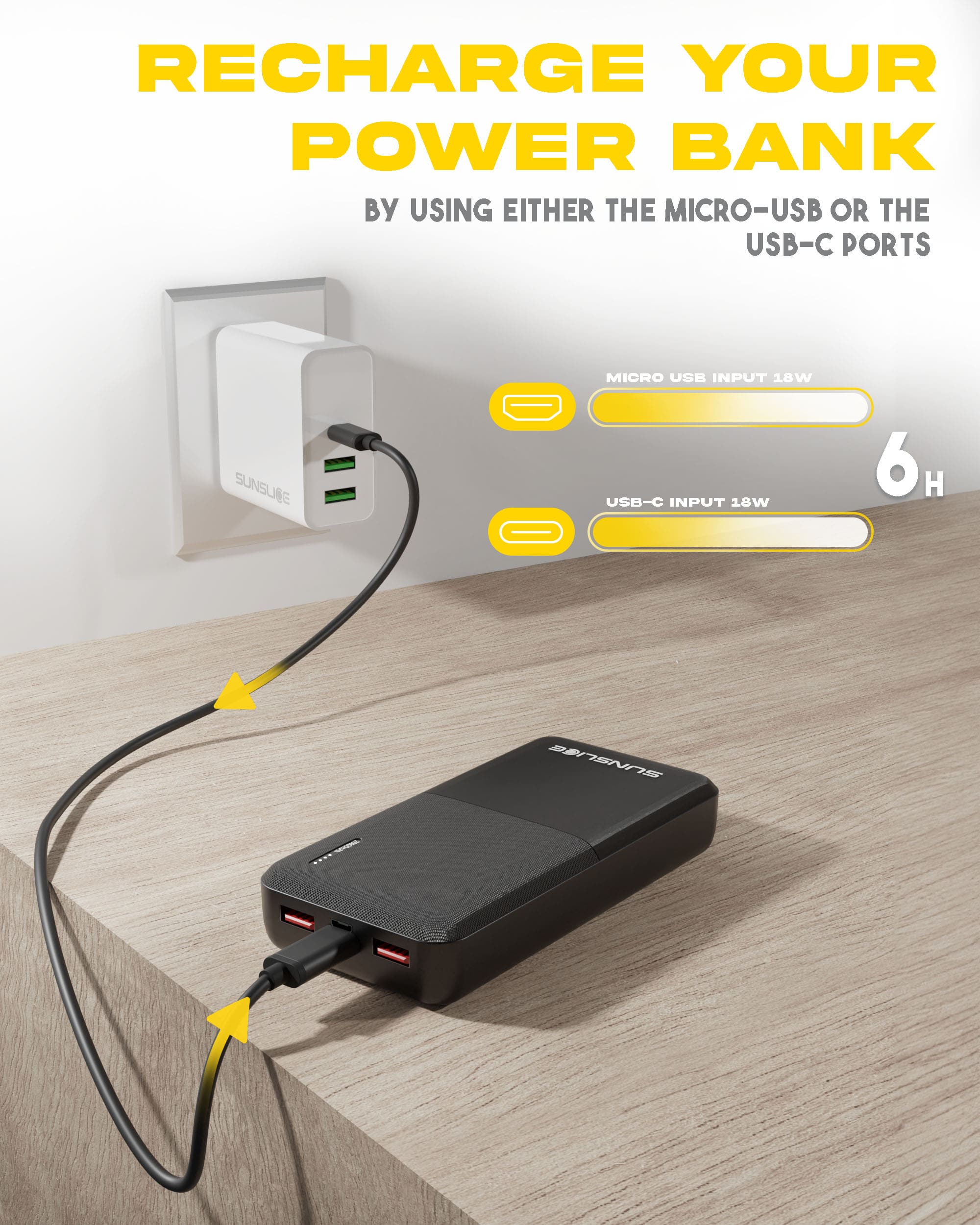 Die gravity 20 Powerbank kann entweder über den Micro-USB- oder den USB-C-Anschluss aufgeladen werden