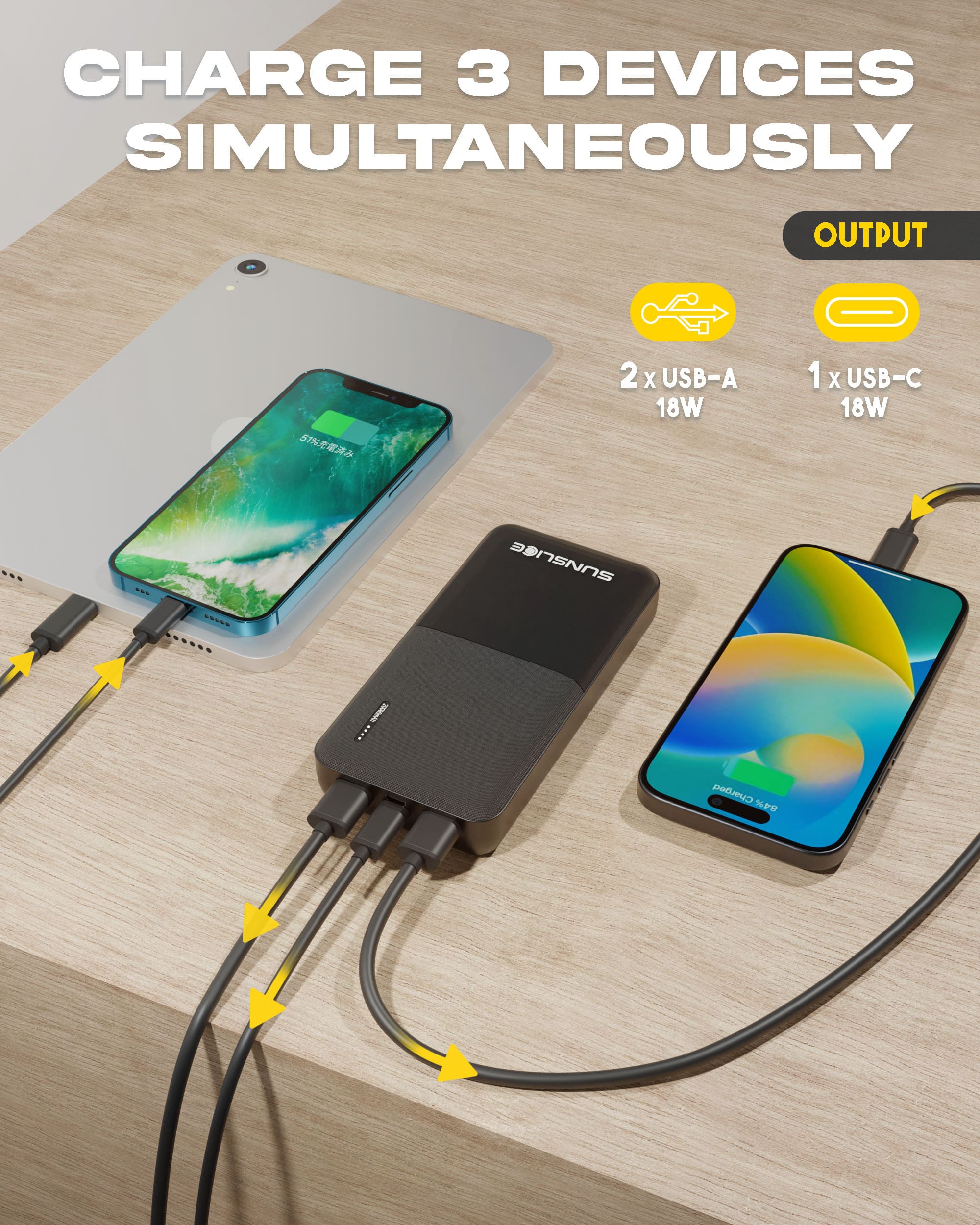 The power bank 20000mAh charging devives simultaneously