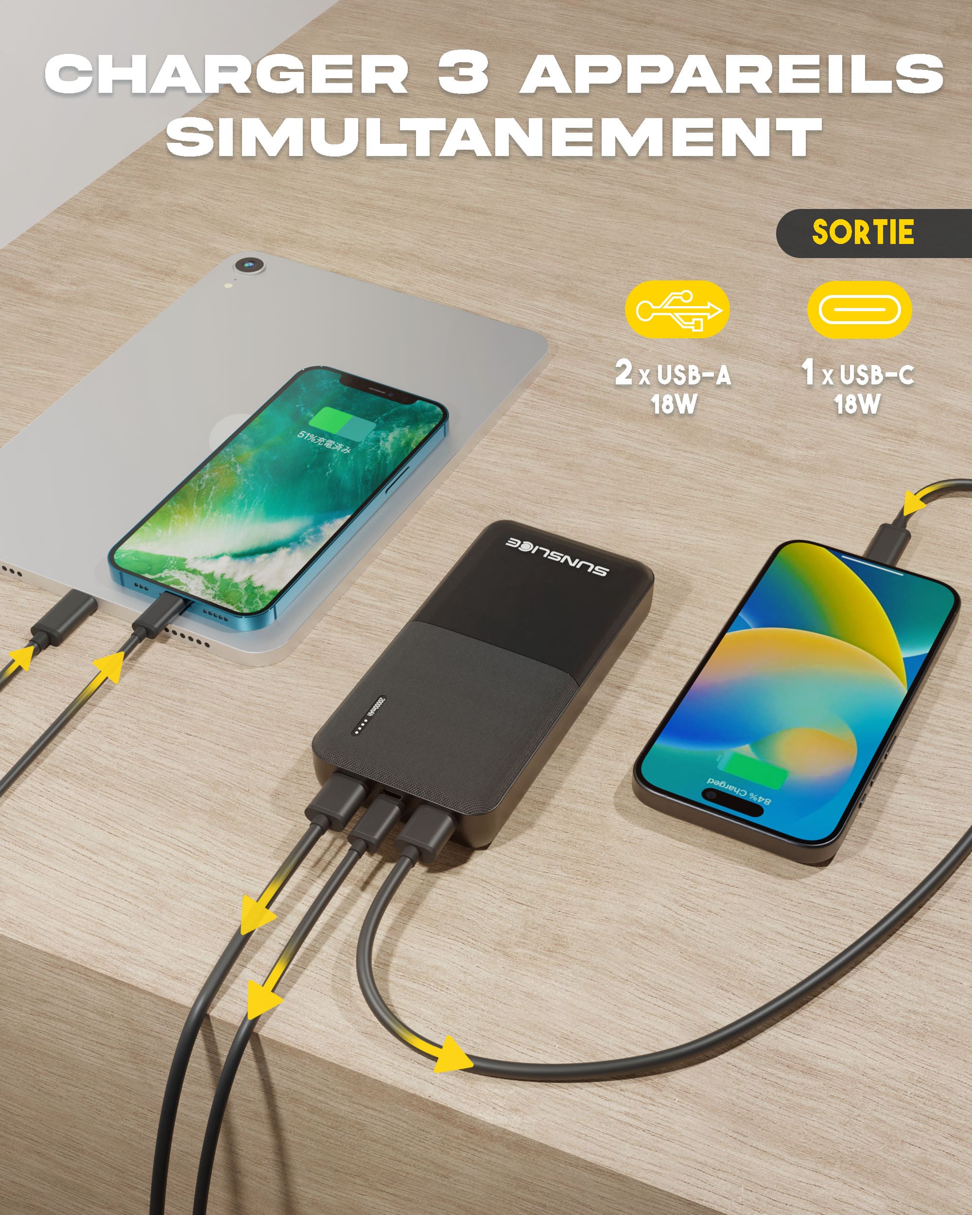 Le power bank 20000mAh se charge simultanément