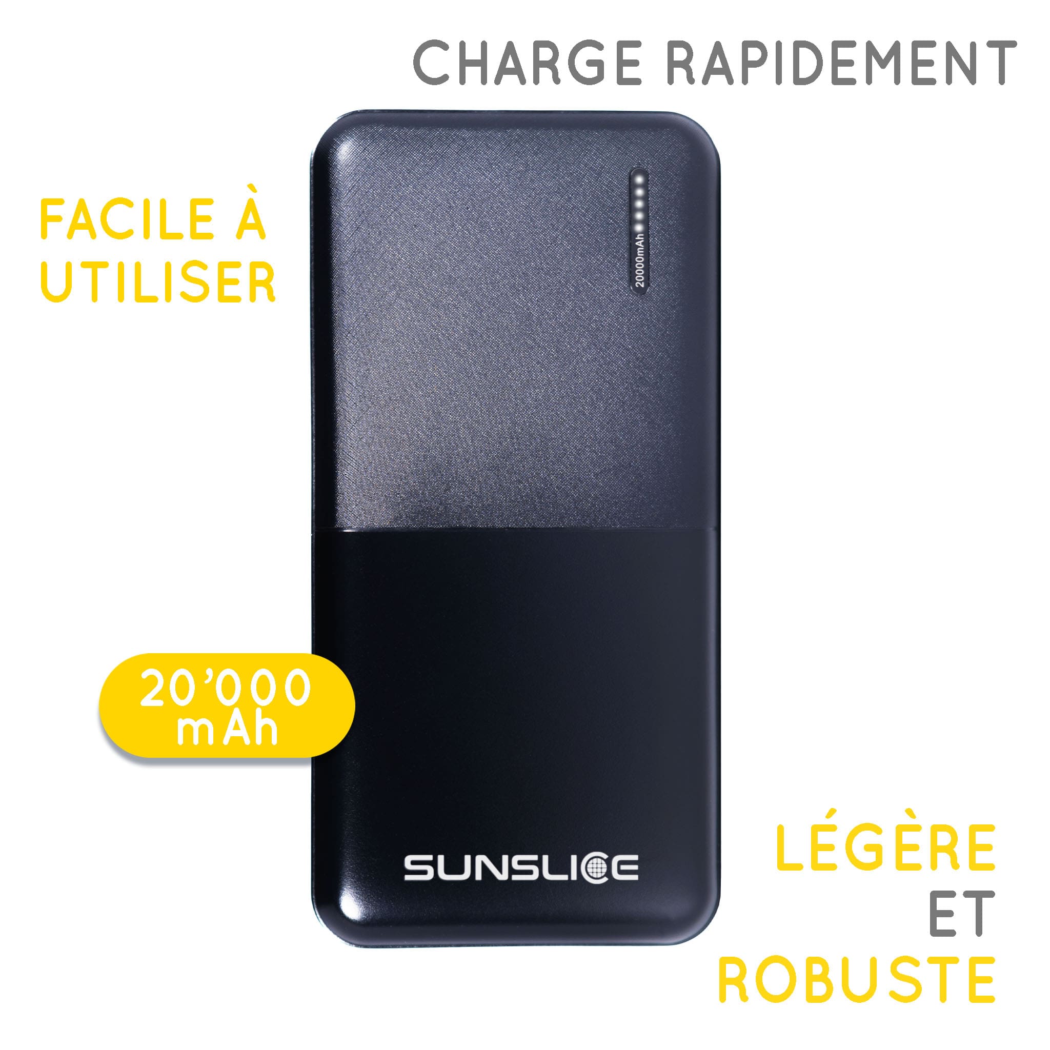 un bon angle de vue d'un Powerbank avec ses particularités sur un fond blanc