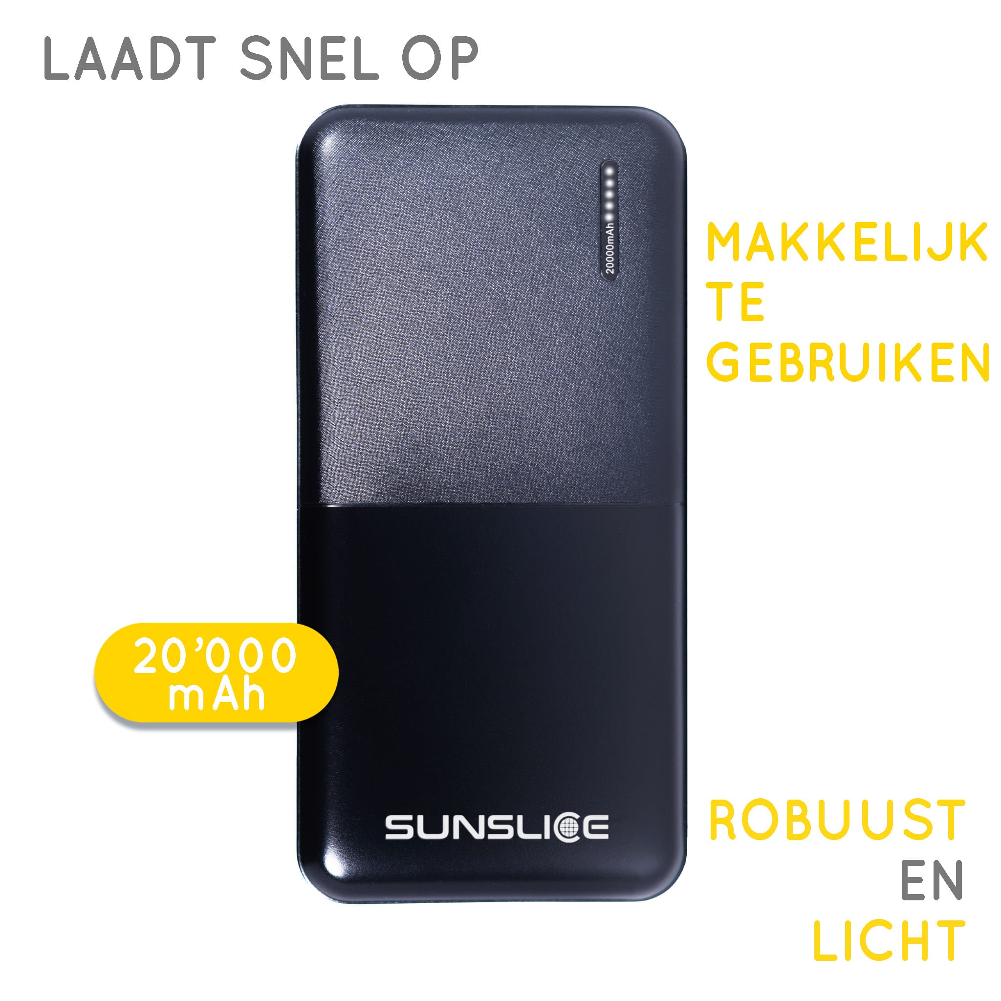 een goede hoekopname van een Powerbank met zijn bijzonderheden op een witte achtergrond