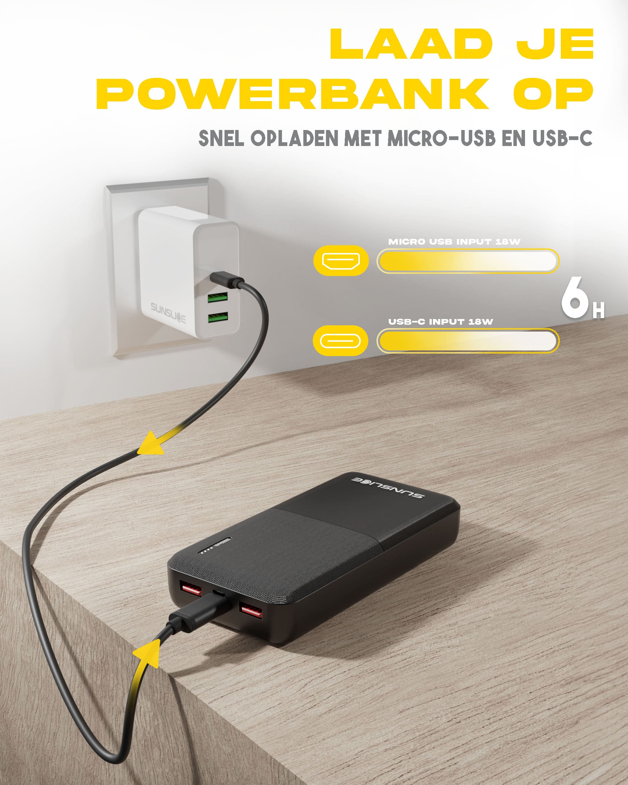 De gravity 20 powerbank kan worden opgeladen via de micro-USB of de USB-C poort.