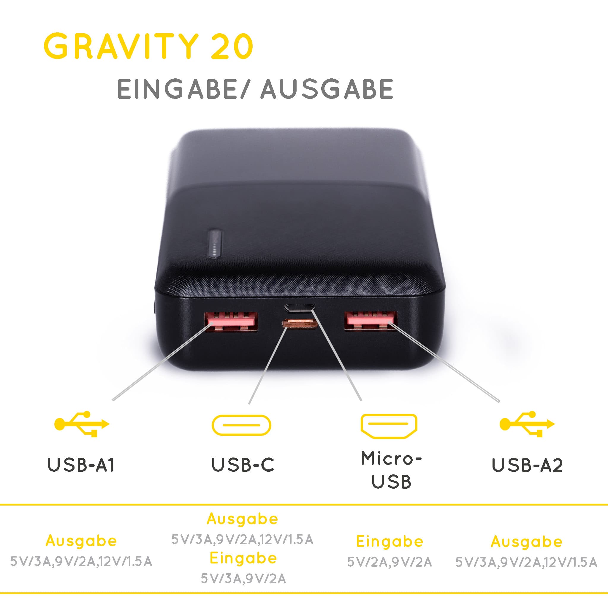 Foto vergrößert auf den USB-Anschluss einer kompakten powerbank mit ihren Spezifikationen
