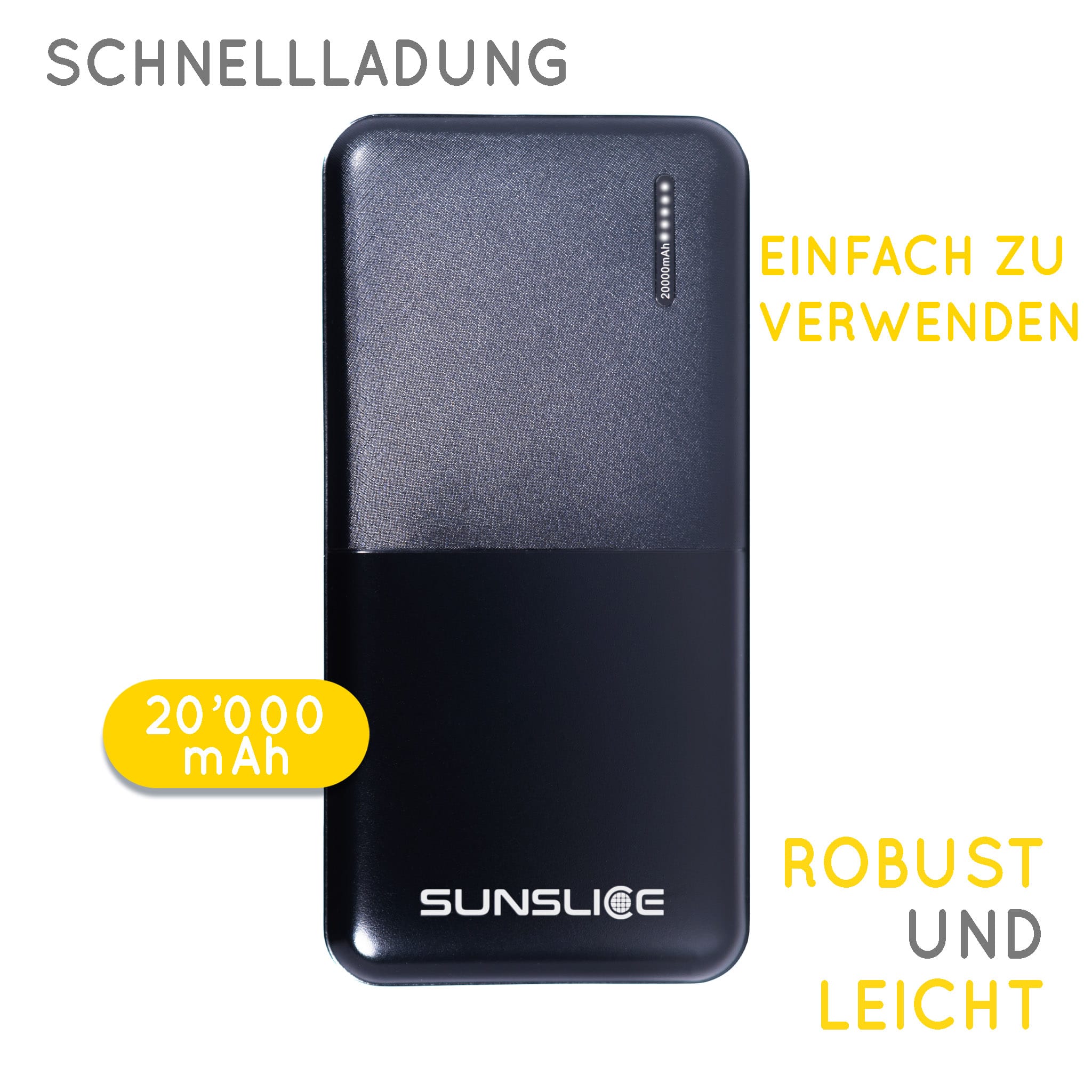ein guter Blickwinkel auf eine Powerbank mit ihren Besonderheiten auf weißem Hintergrund