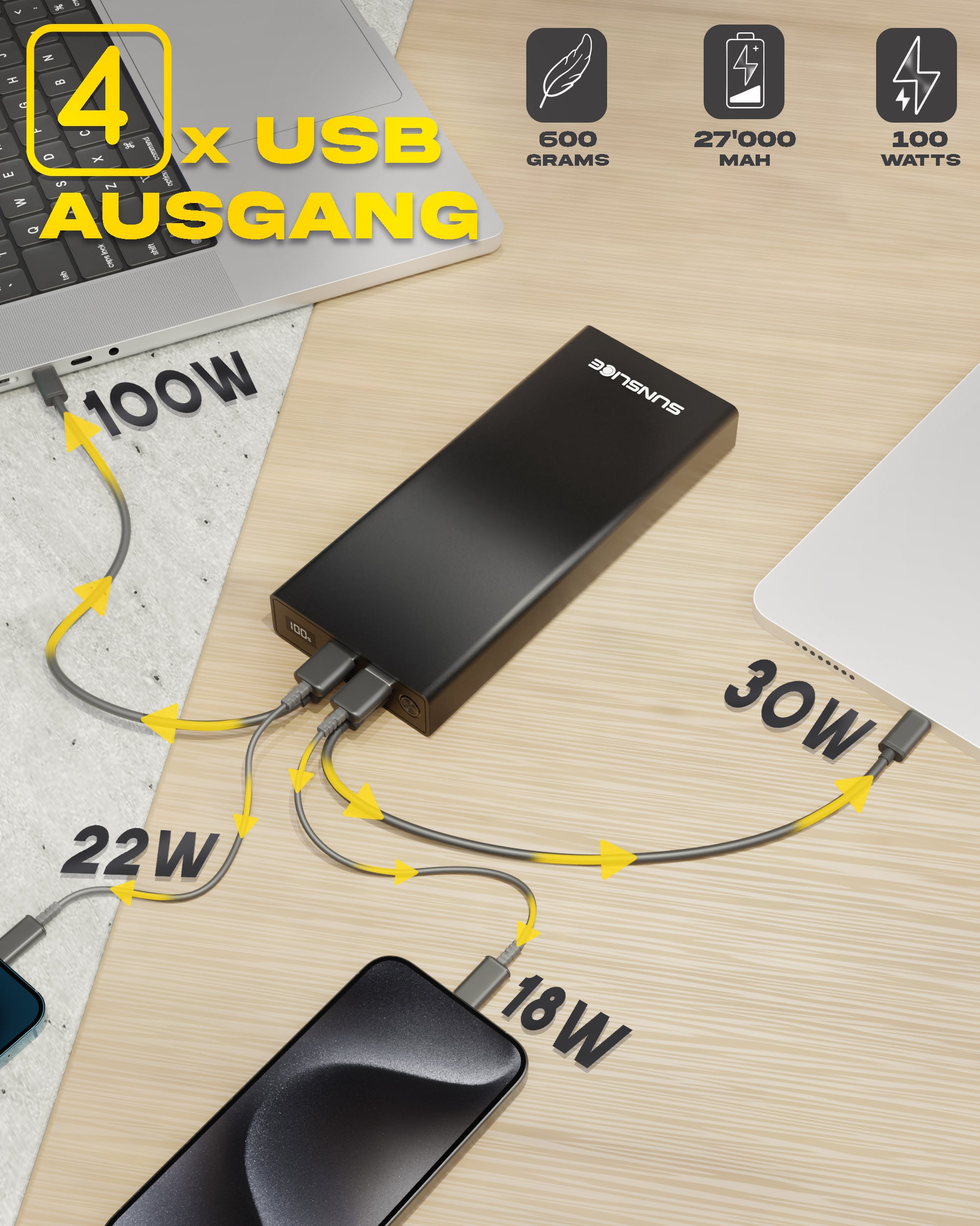 Powerbank für Laptop mit 4 USB-Ausgängen - Gewicht: 600g, Kapazität: 27000 mAh