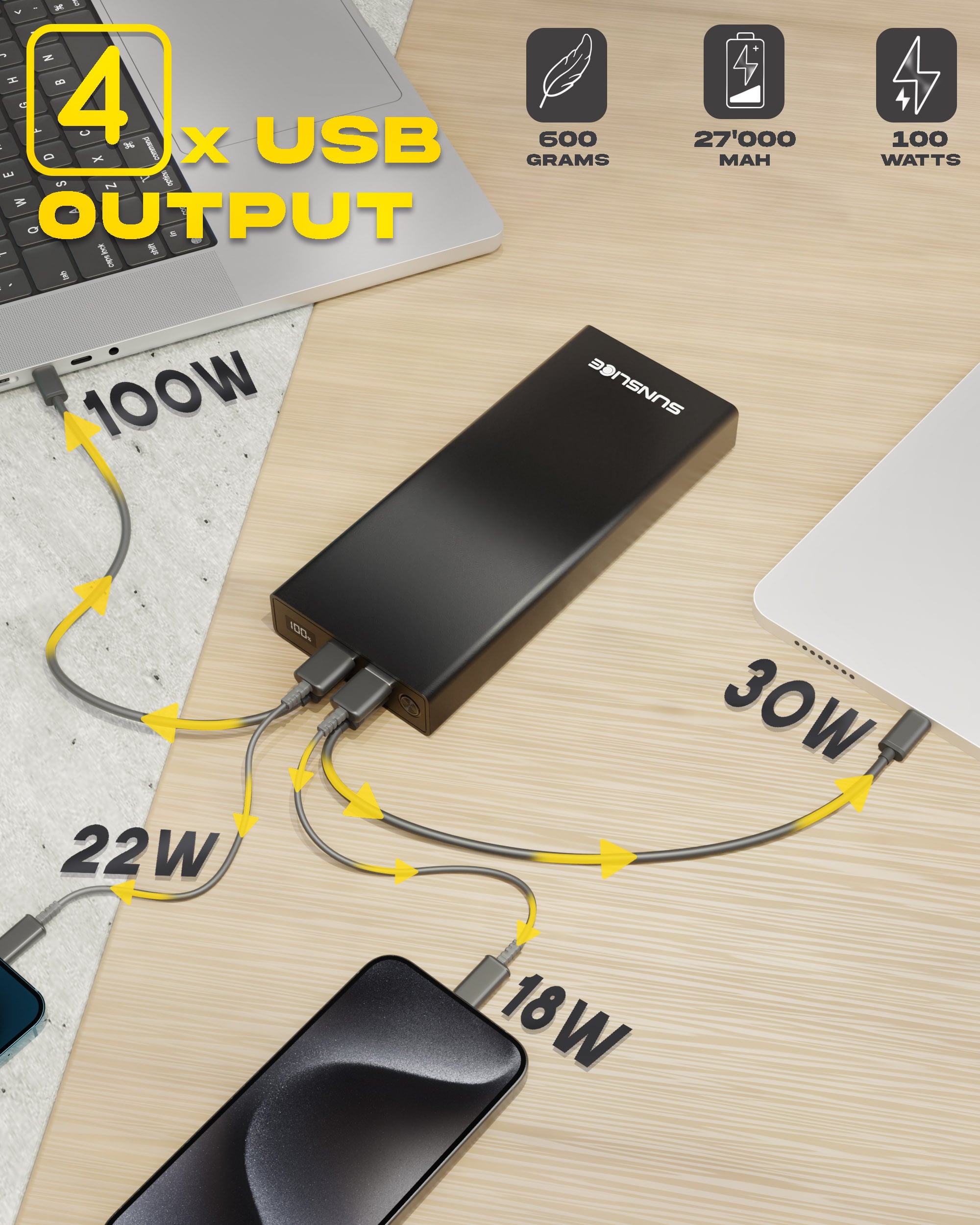 power bank for laptop with 4 USB output - Weight: 600g,  Capacity: 27000 mAh