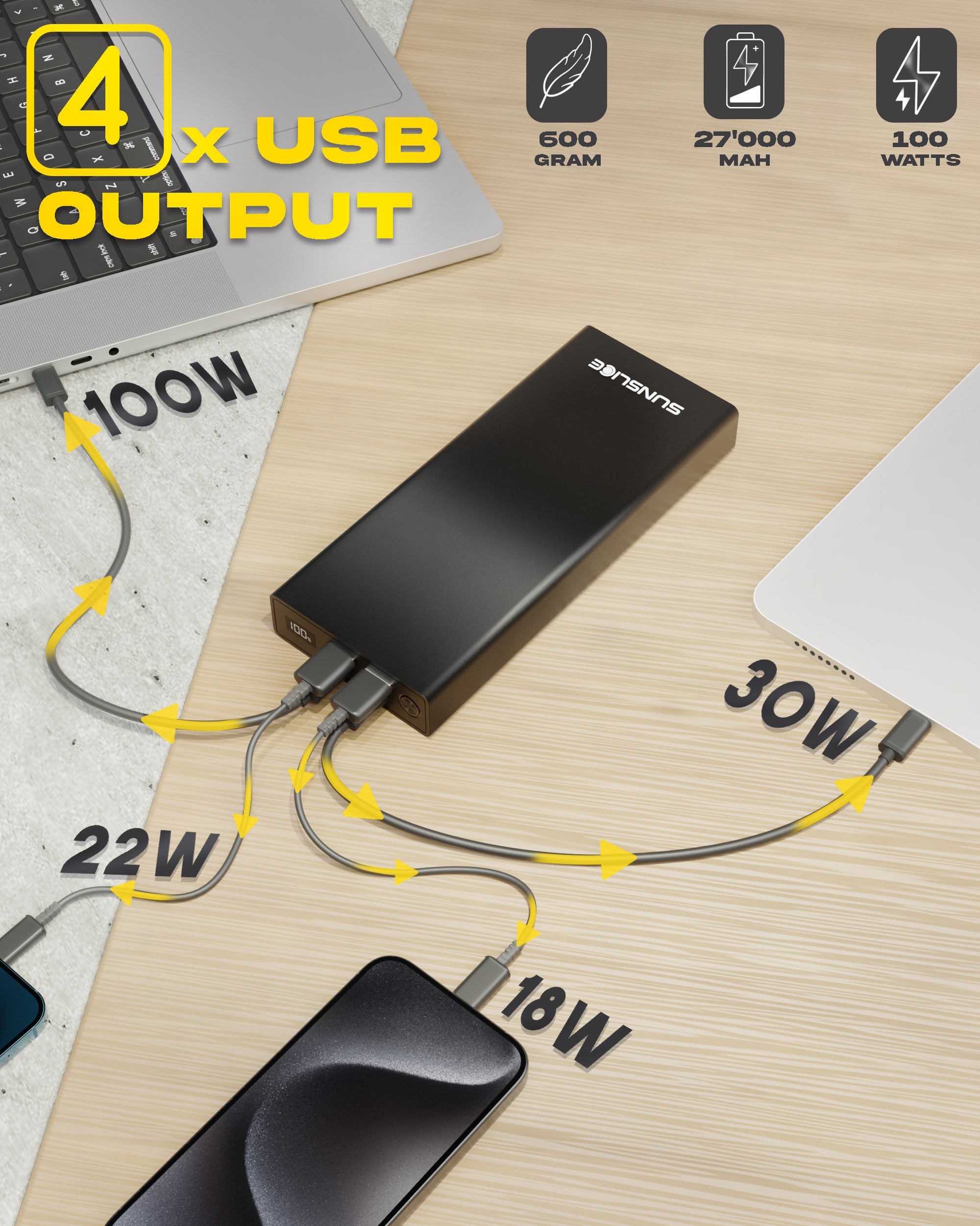 Powerbank voor laptop met 4 USB-uitgangen - Gewicht: 600g, Capaciteit: 27000 mAh