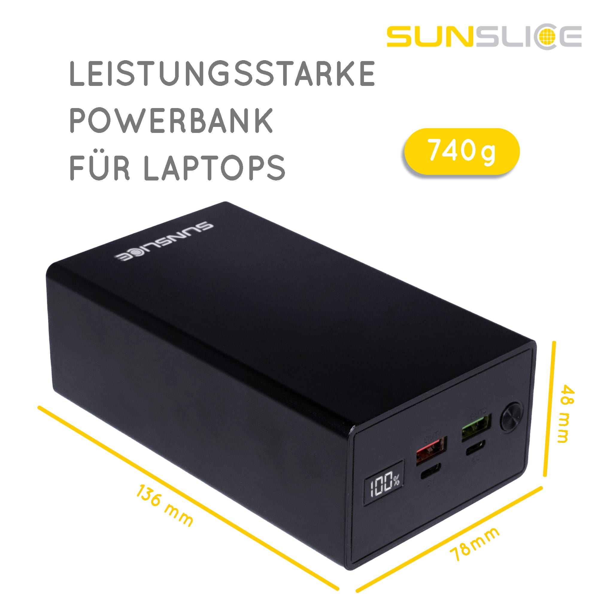 Gravity 40 Laptop-Powerbank Größe: 136mm, 78mm, 48mm. Gewicht: 760g
