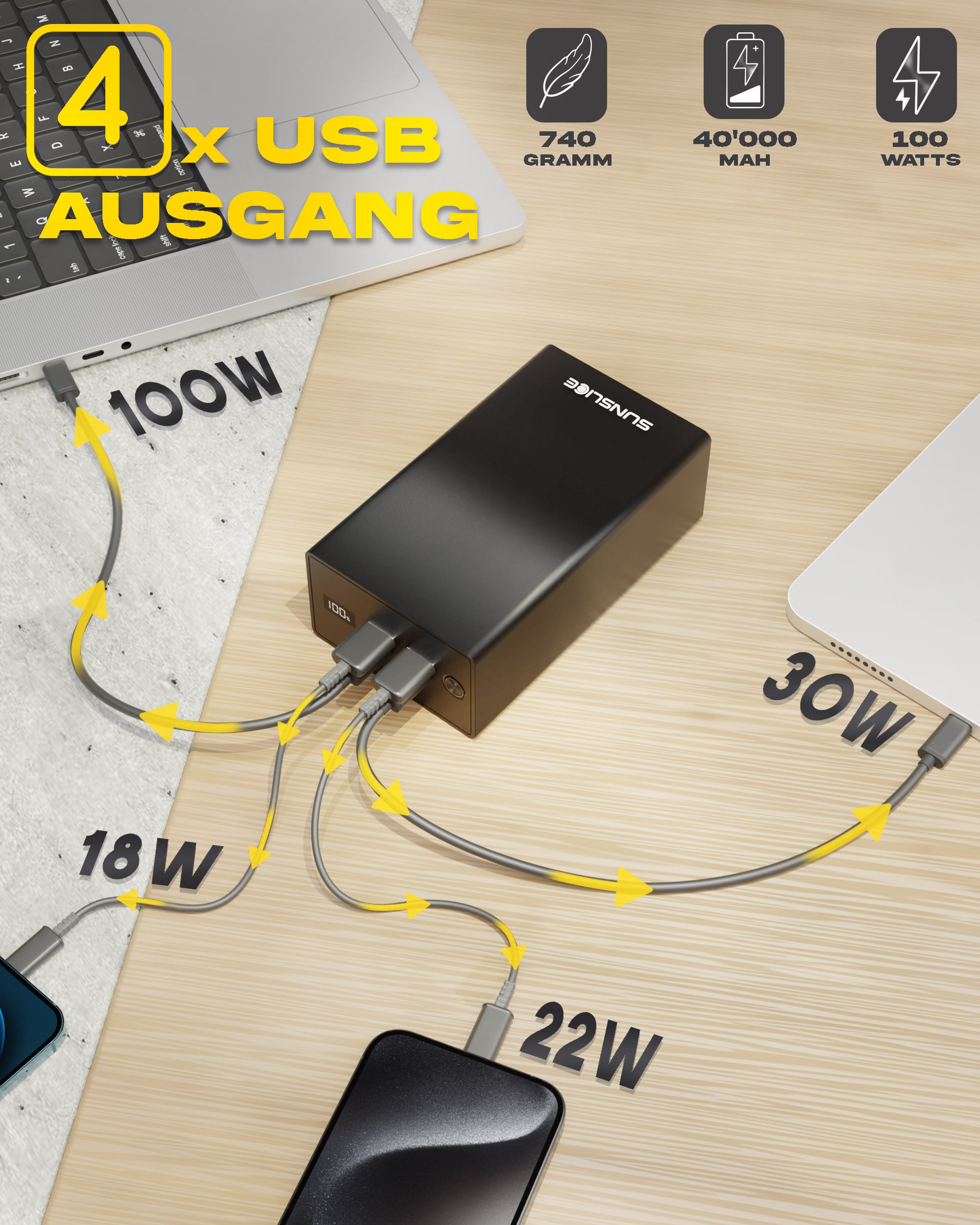 Powerbank für Laptop mit 4 USB-Ausgängen - Gewicht: 740g, Kapazität: 40000 mAh