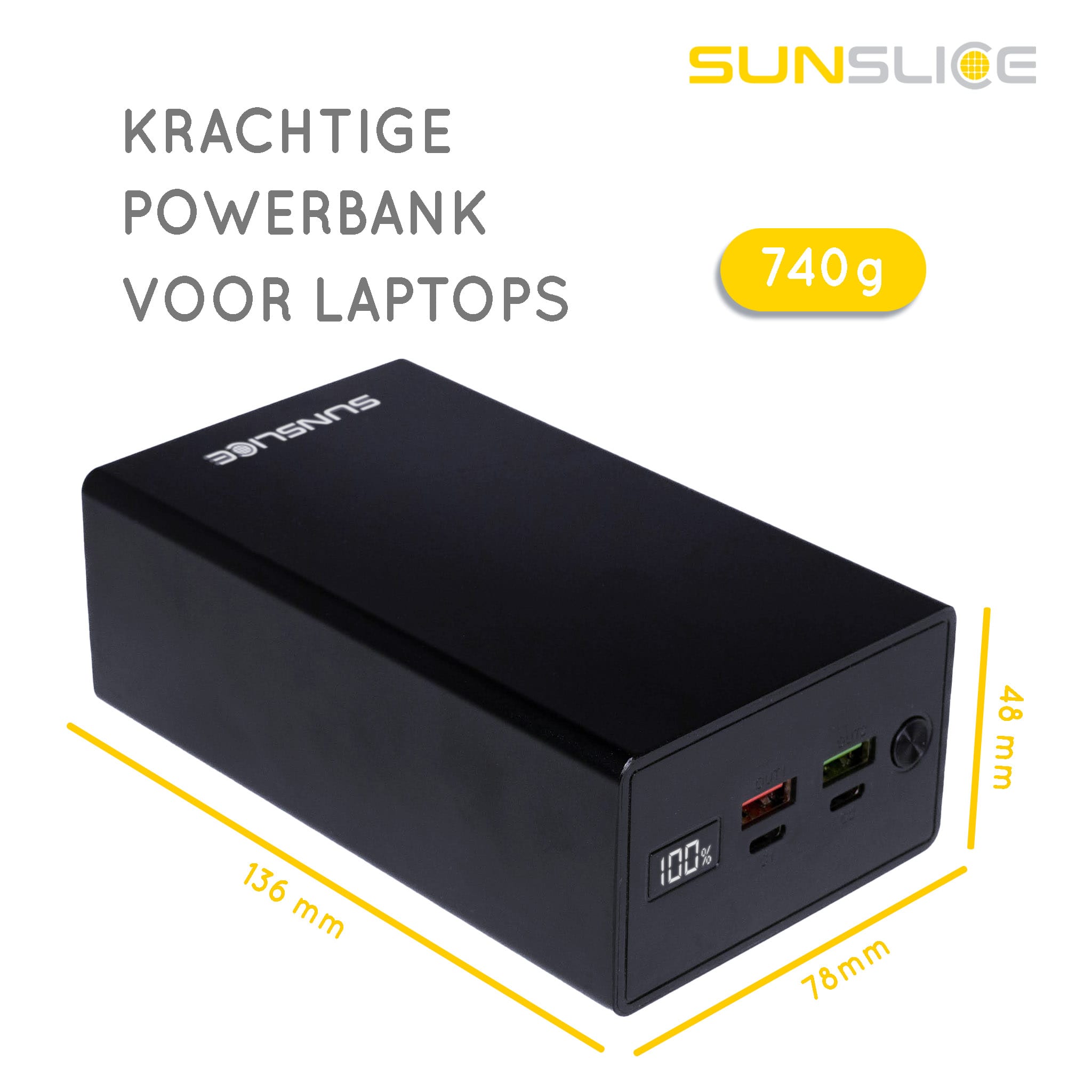 Gravity 40 laptop power bank grootte: 136mm, 78mm, 48mm. Gewicht: 760g