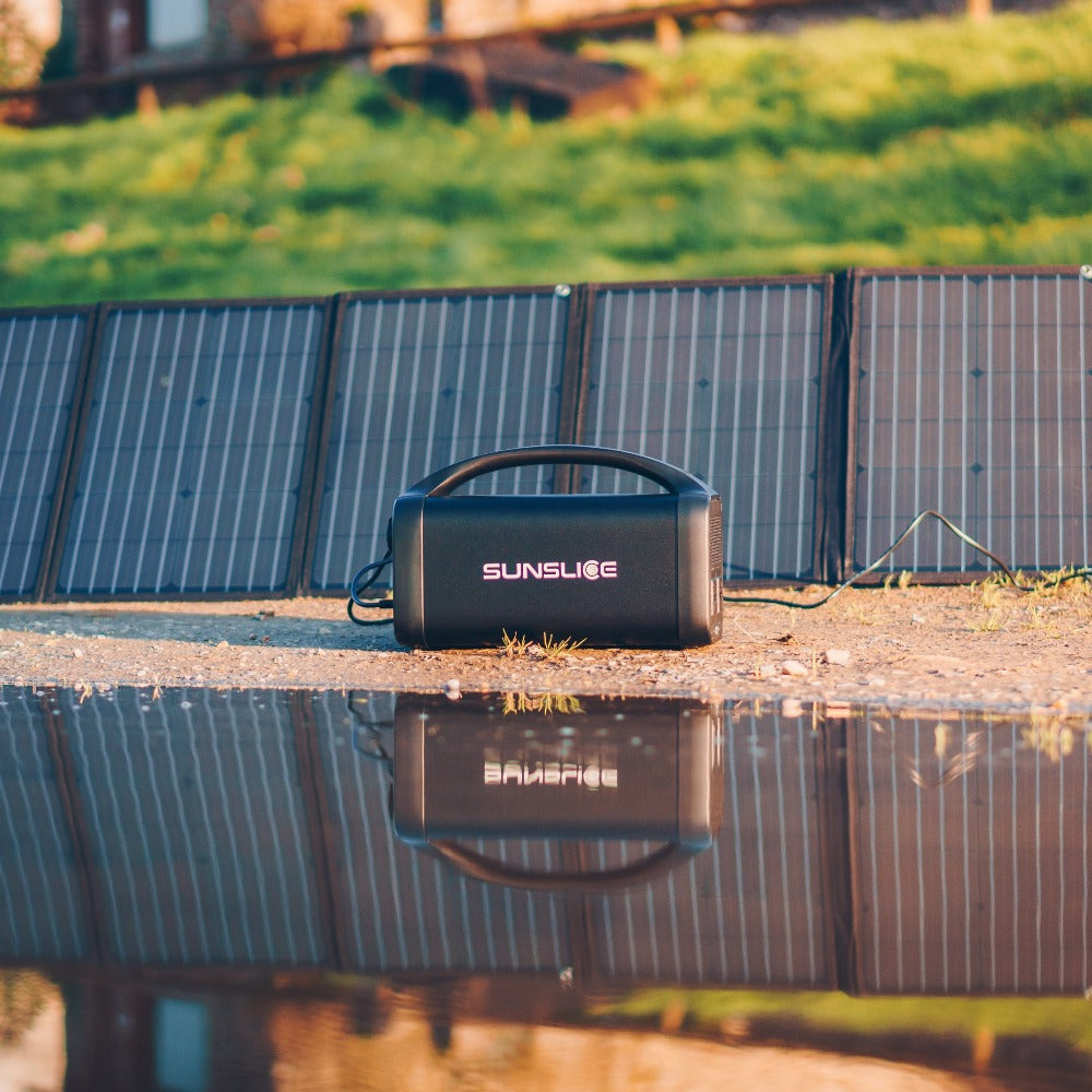 portable solar panel for camping on the green grass with a solar generator for home next to it