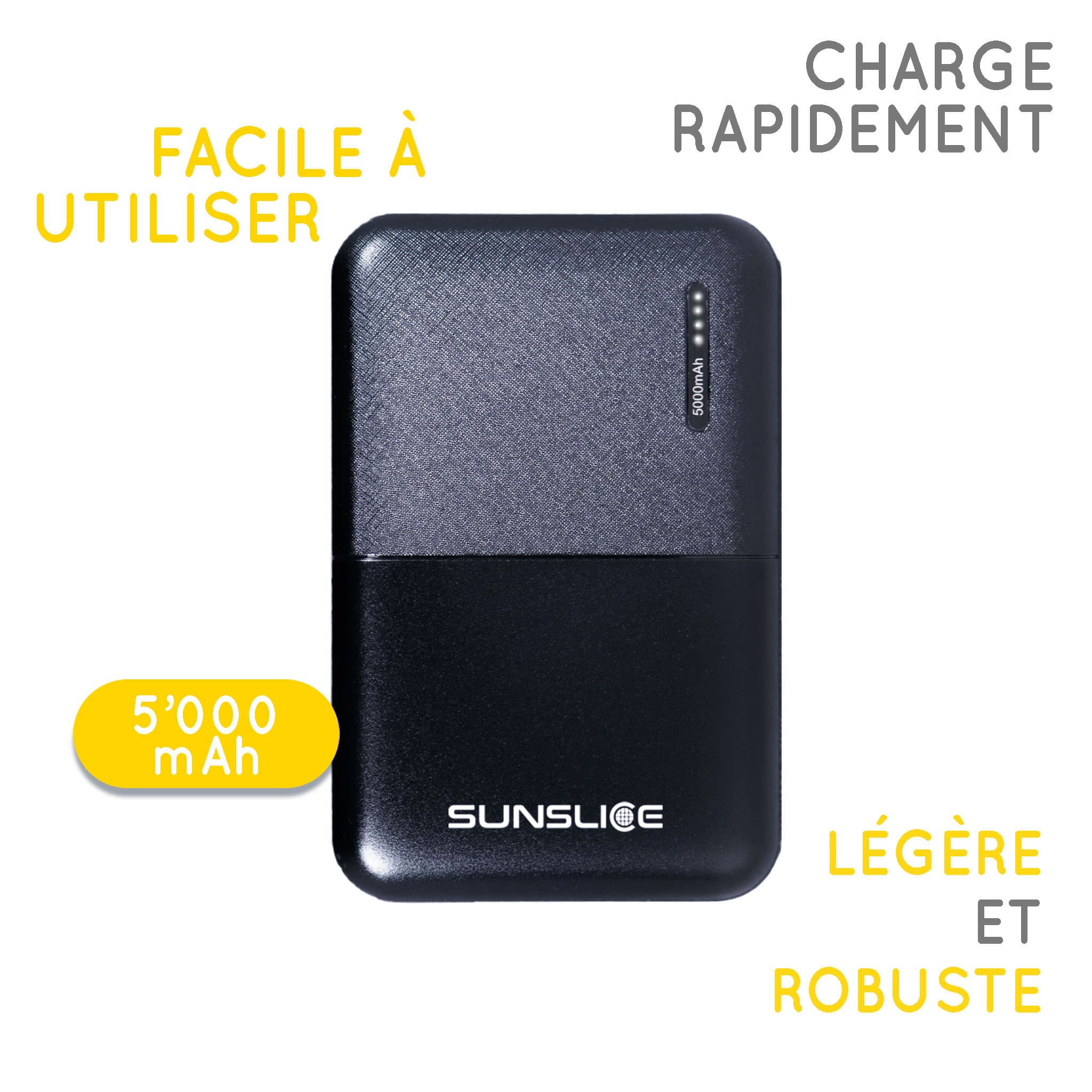 powerbank léger avec ses spécifications sur fond blanc
