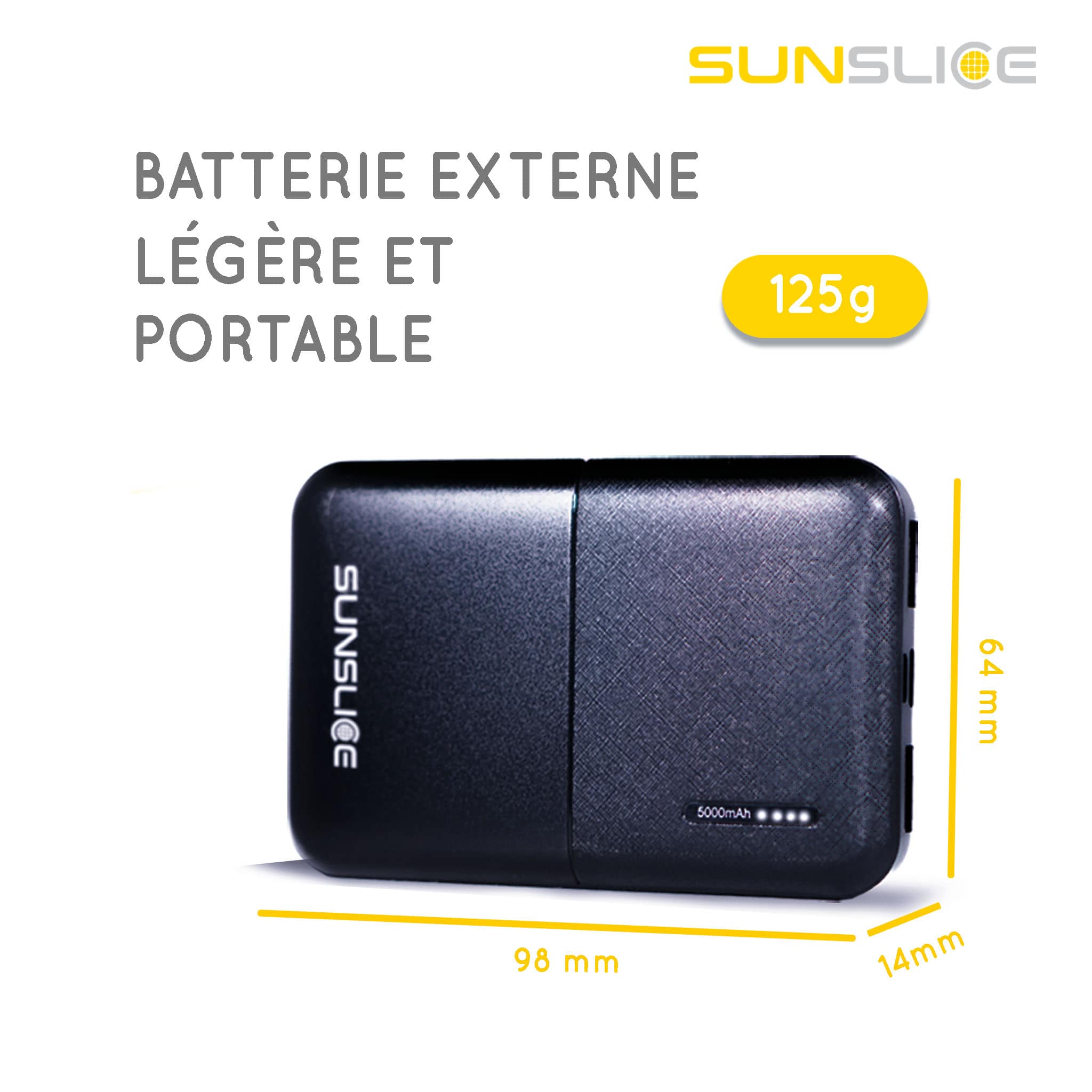Powerbank Gravity5 sur fond blanc avec dimensions