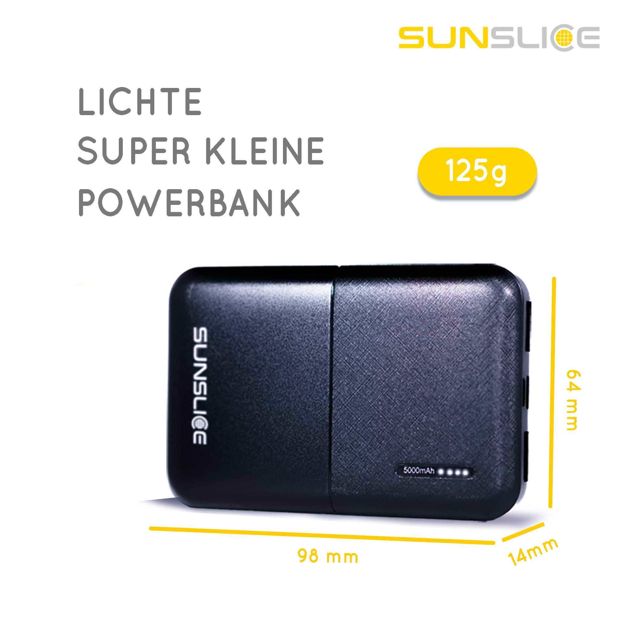 Powerbank Gravity5 op witte achtergrond met afmetingen