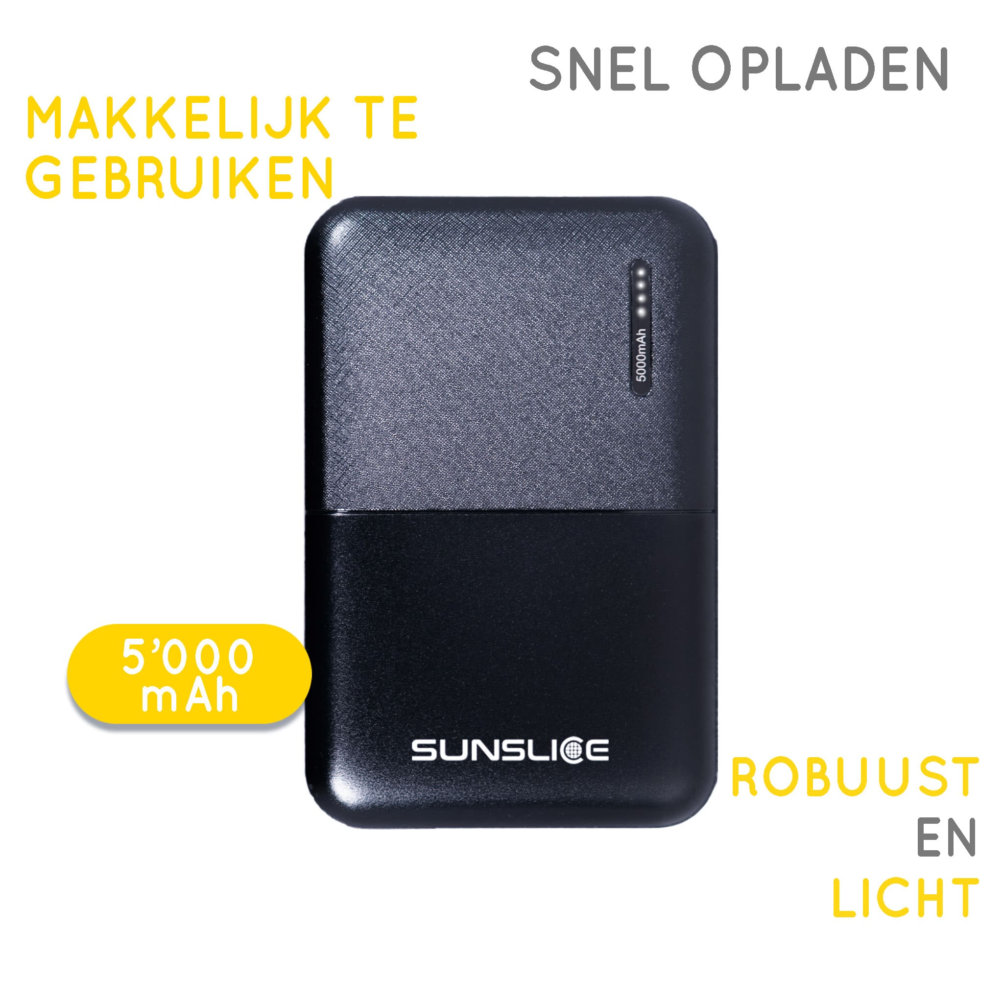 lichte powerbank met specificaties op witte achtergrond