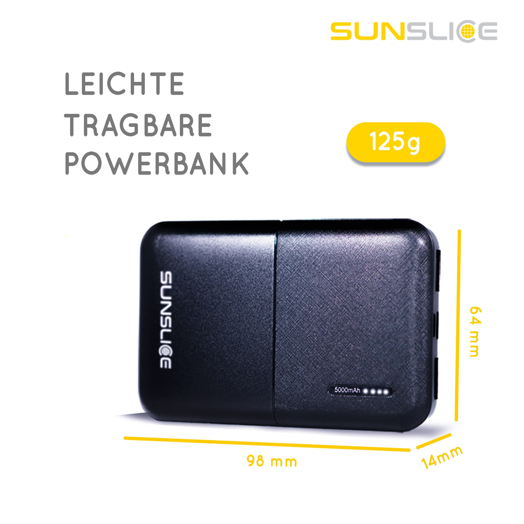 Powerbank Gravity5 auf weißem Hintergrund mit Abmessungen