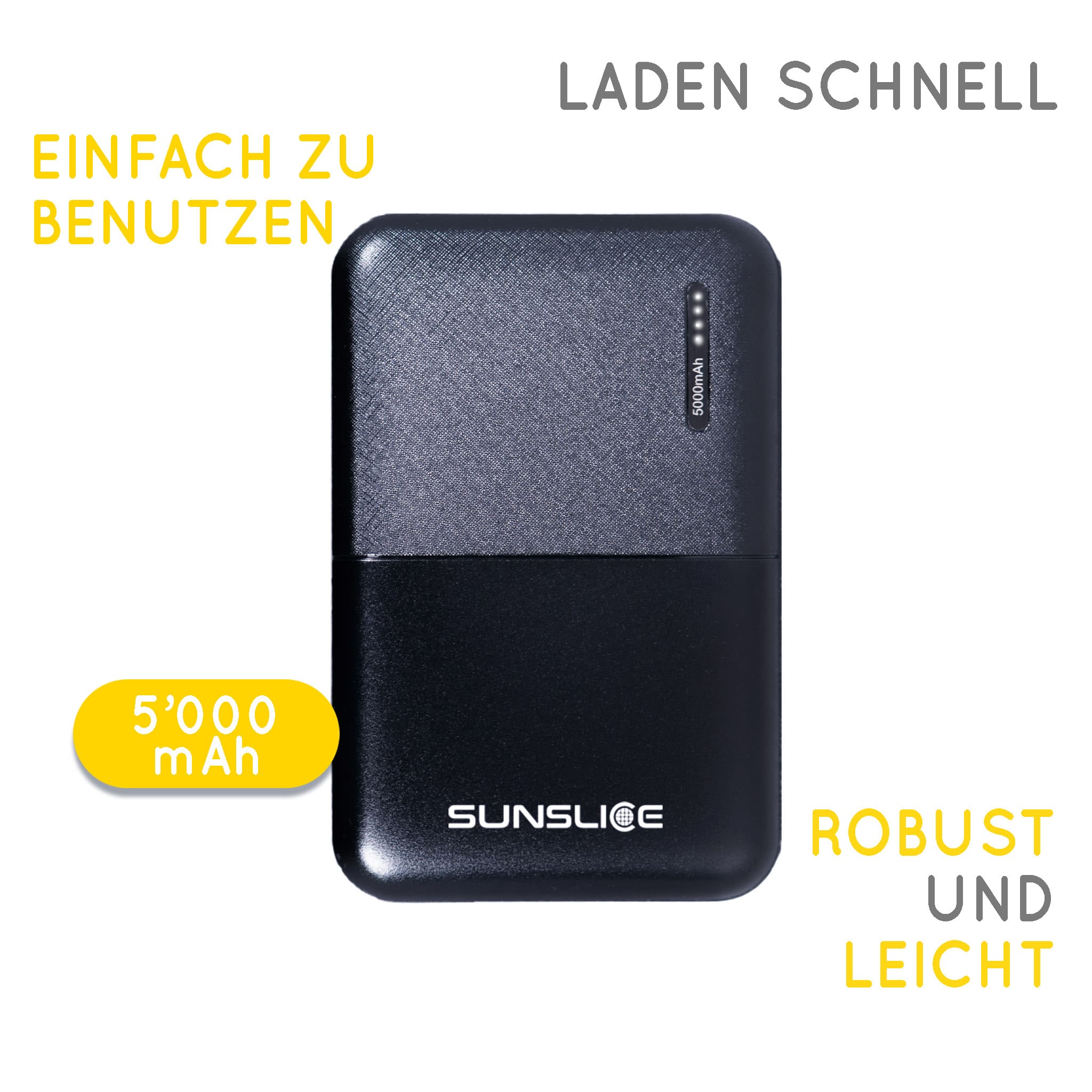 leichte powerbank mit ihren Spezifikationen auf weißem Hintergrund