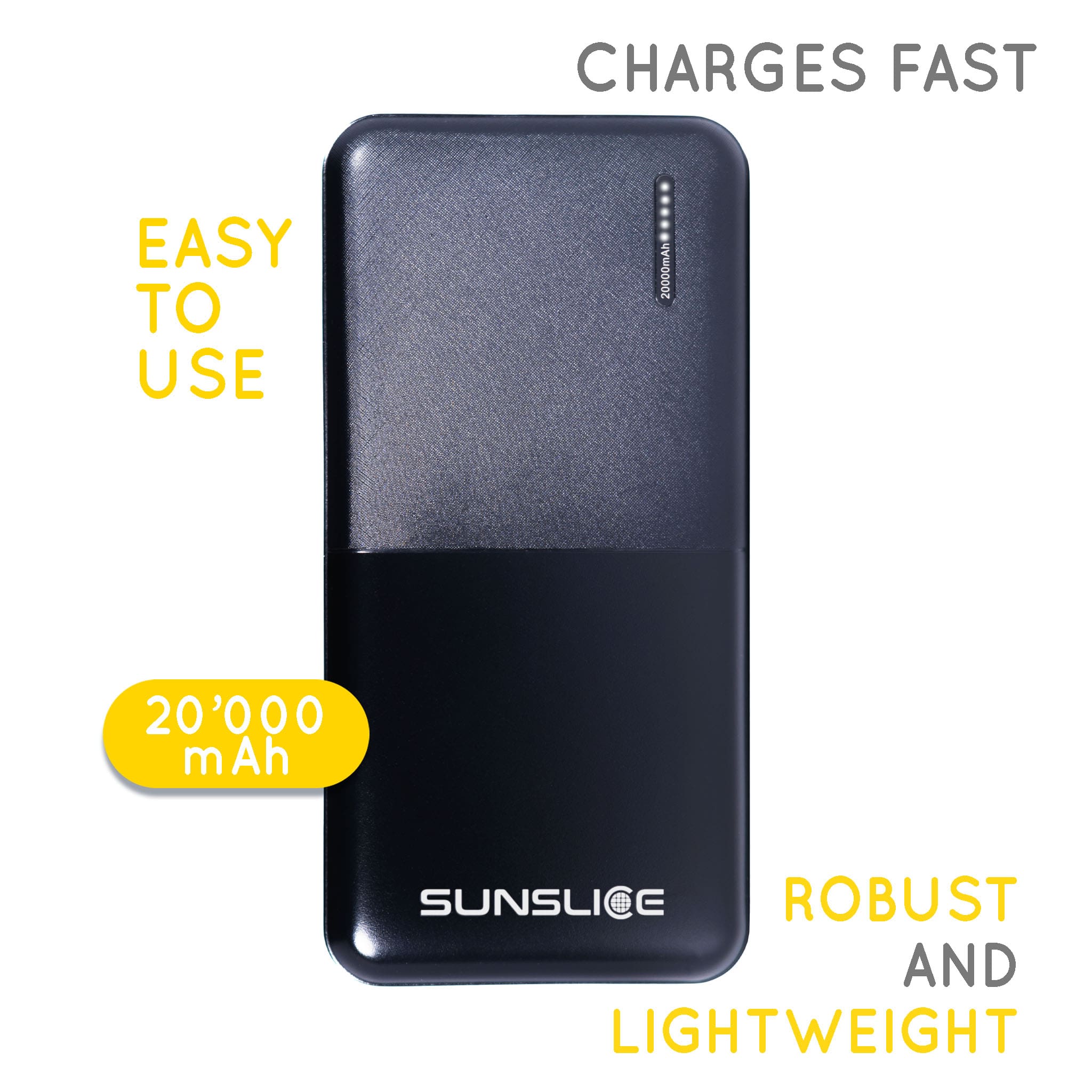 a good angle view of a Powerbank with its particularities on a white background