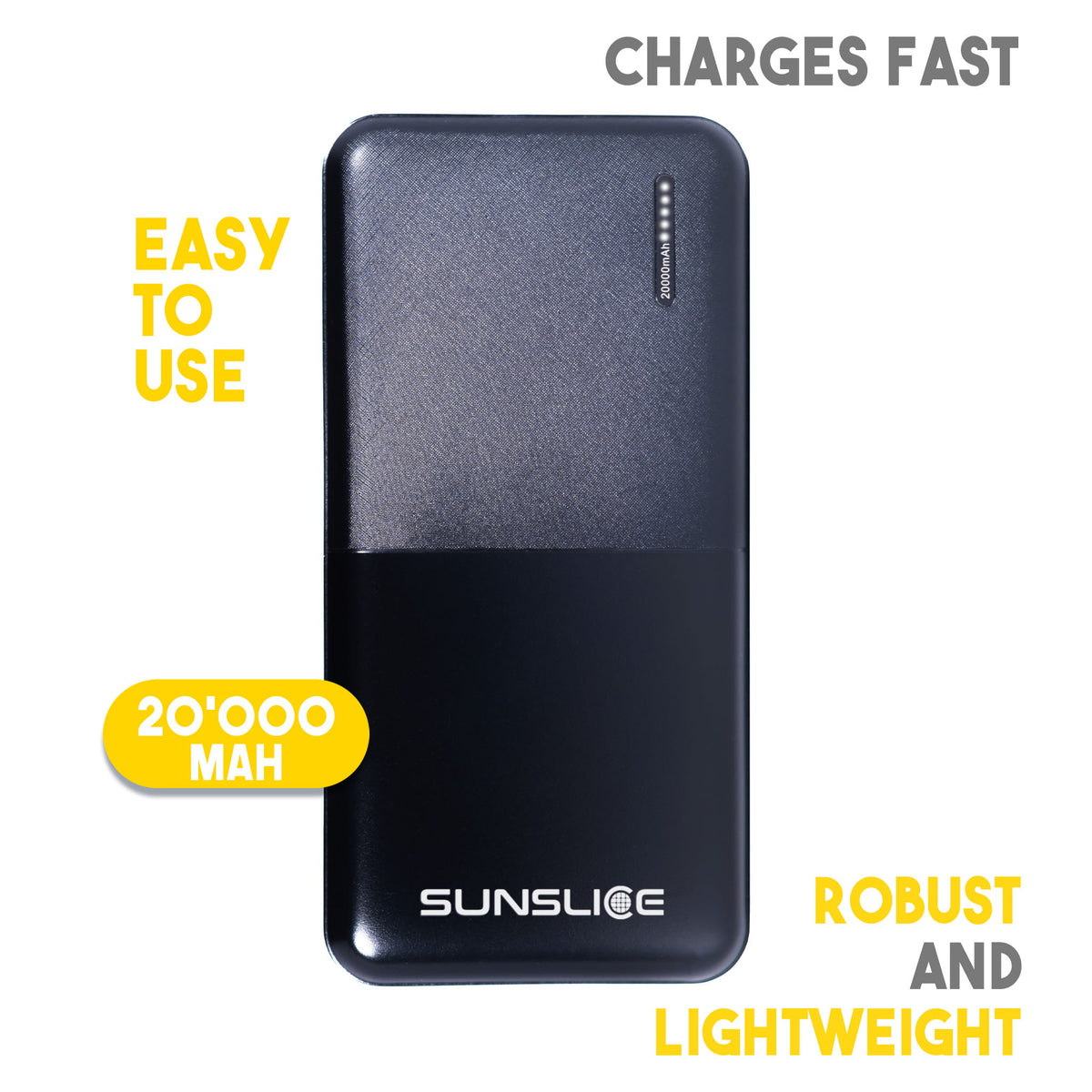 a good angle view of a Powerbank with its particularities on a white background