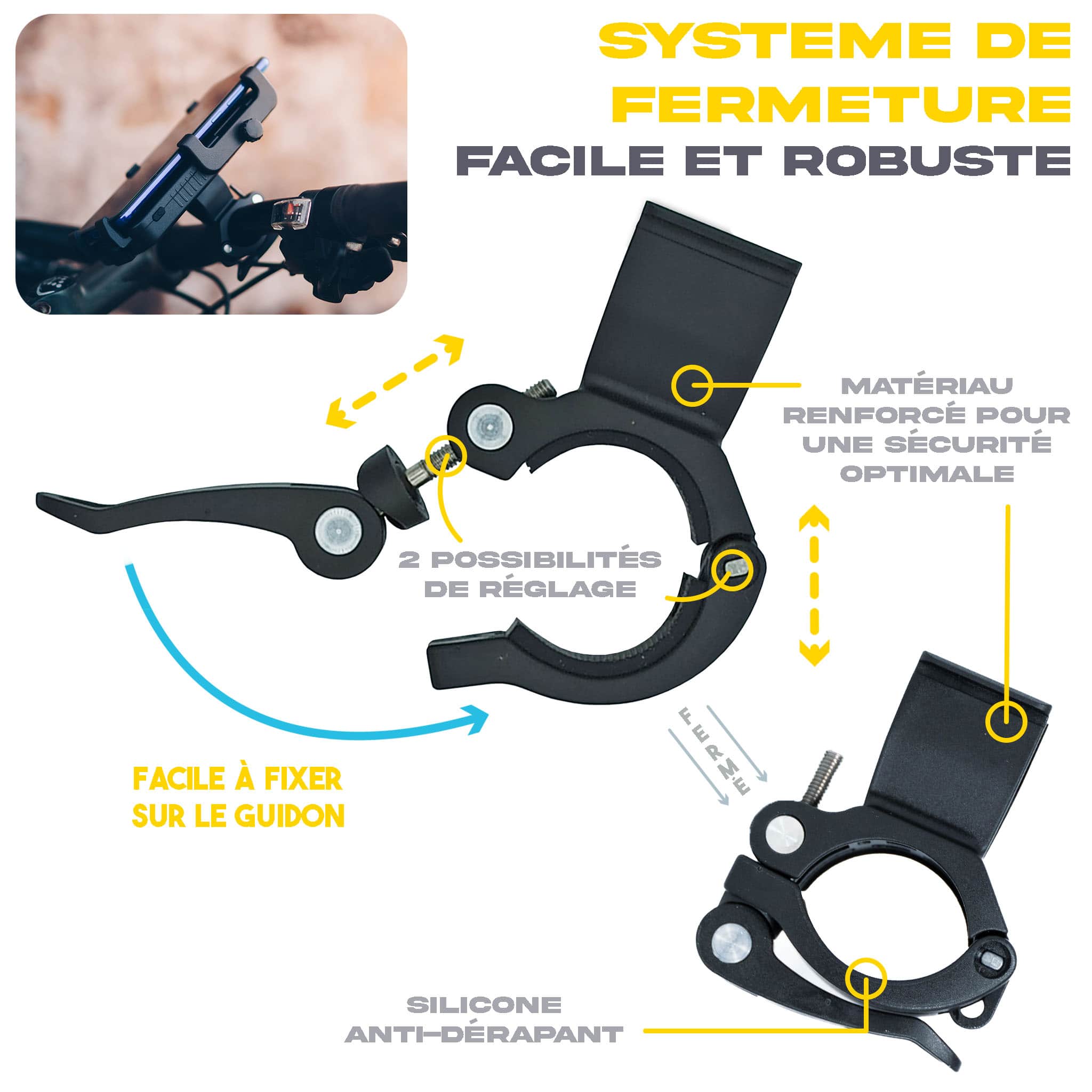 Caractéristiques techniques du système de fixation pour téléphone portable de vélo