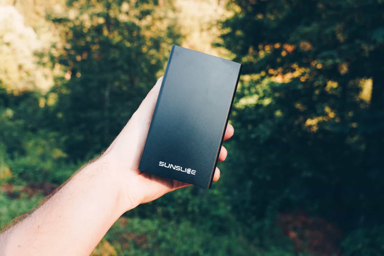 a nice 100 w power bank held by one hand in a sunny forest