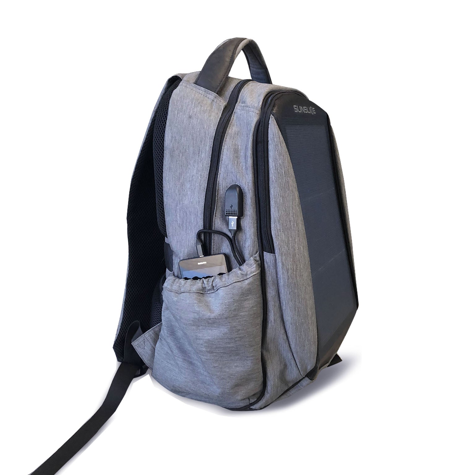photo of a grey backpack Zenith with solar panels on a white background